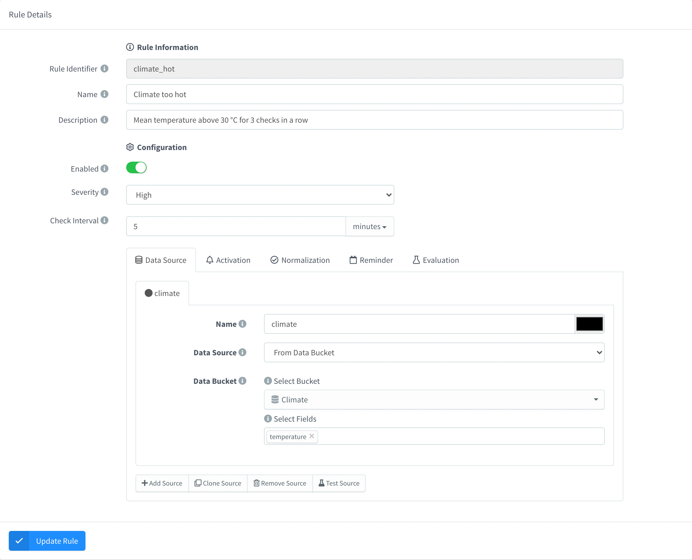 Alarm rule form with a data source that reads the temperature of the climate bucket