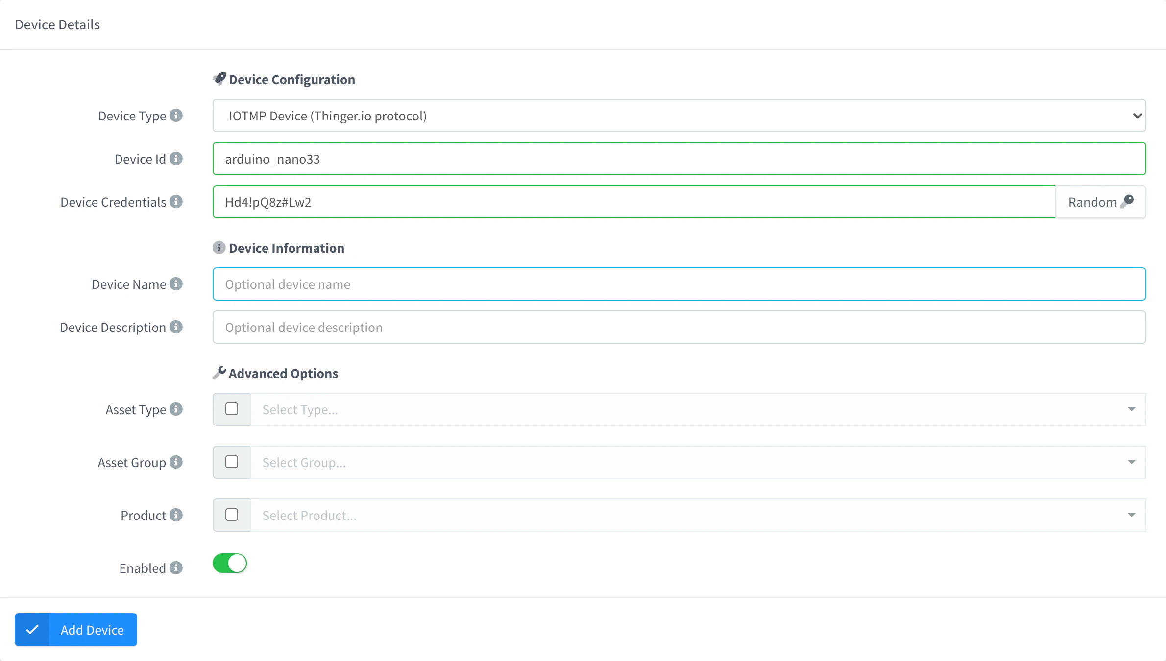 Add Device form with the IOTMP device type, a device ID and credentials