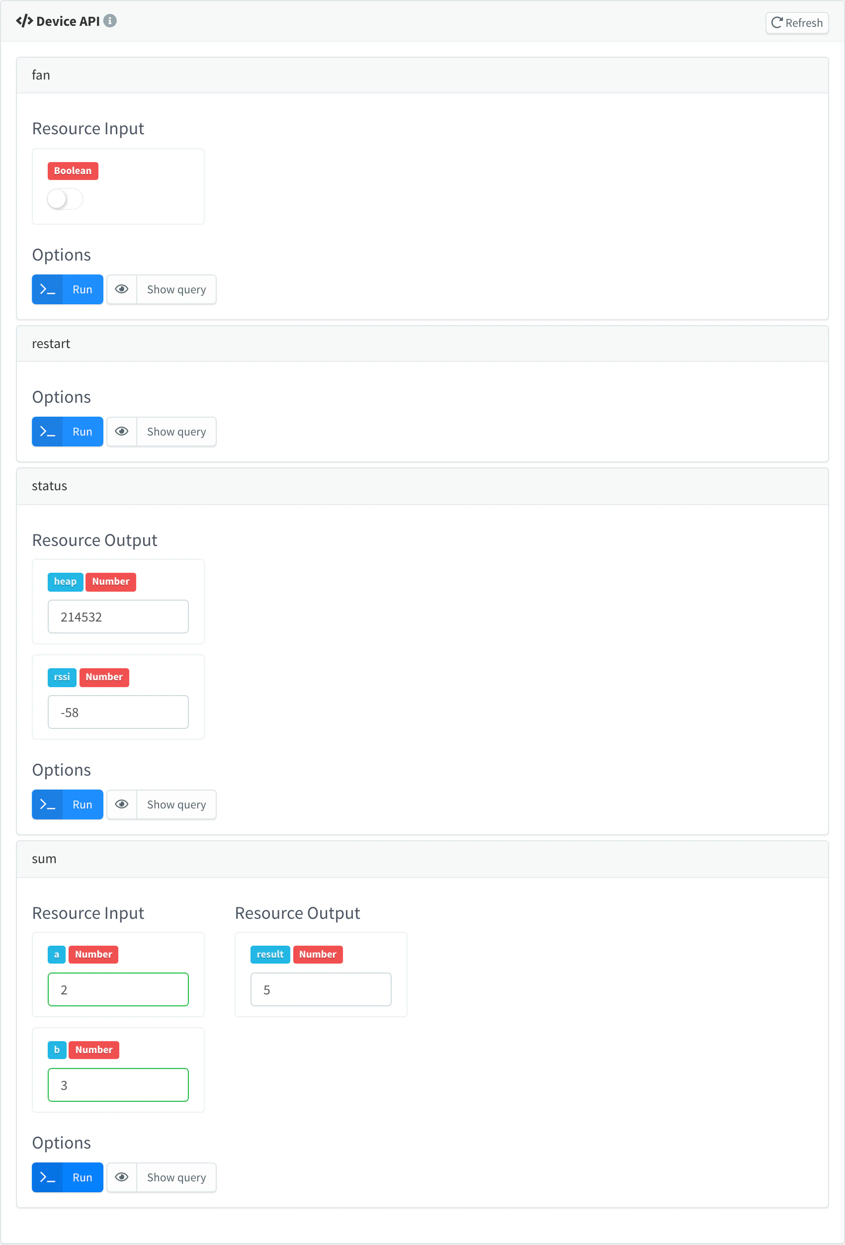 Device API with the fan resource as an on/off switch, restart with only Run, status with its heap and rssi output, and sum with the inputs a 2 and b 3 and the output result 5 after Run