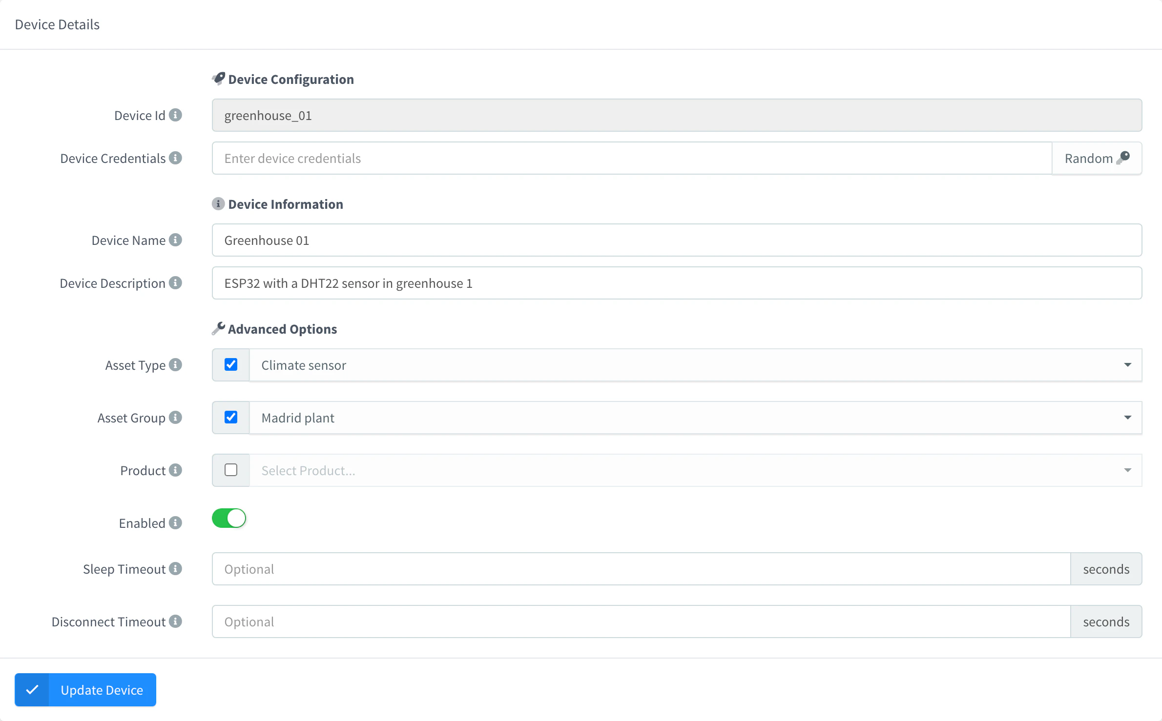 Device settings with the Advanced Options: an asset type and an asset group selected