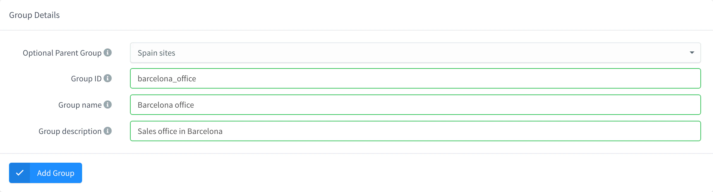 Add Group form with a parent group, the group ID and the name
