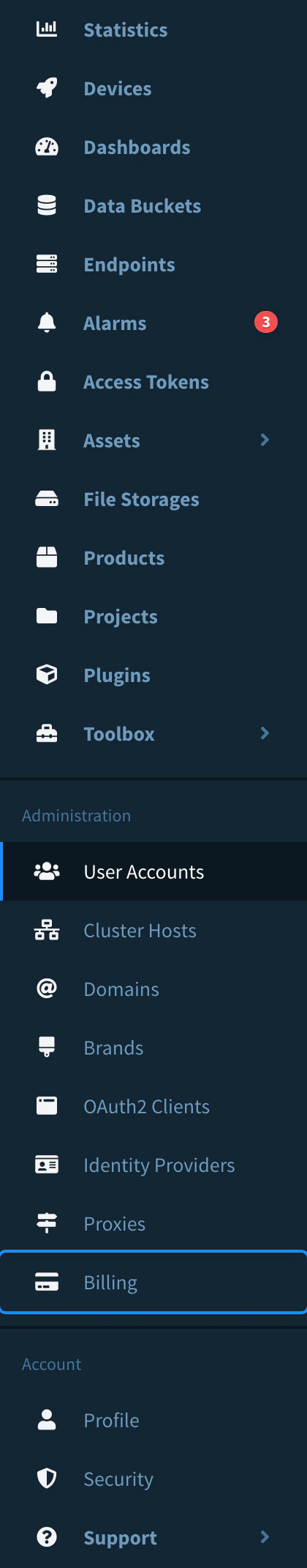 Main menu of the console with the Administration section: User Accounts, Cluster Hosts, Domains, Brands, OAuth2 Clients, Identity Providers, Proxies and Billing, highlighted