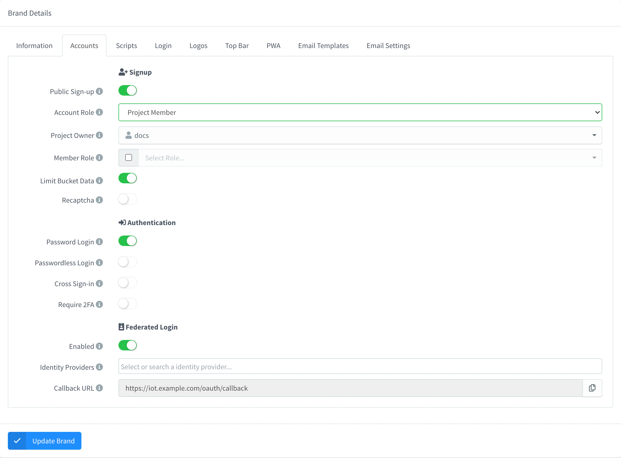 Accounts tab of the iot.example.com brand with Public Sign-up on, Project Member as Account Role, docs as Project Owner, no Member Role and Limit Bucket Data on; Password Login on; and Federated Login on, with an empty Identity Providers list and the Callback URL https://iot.example.com/oauth/callback