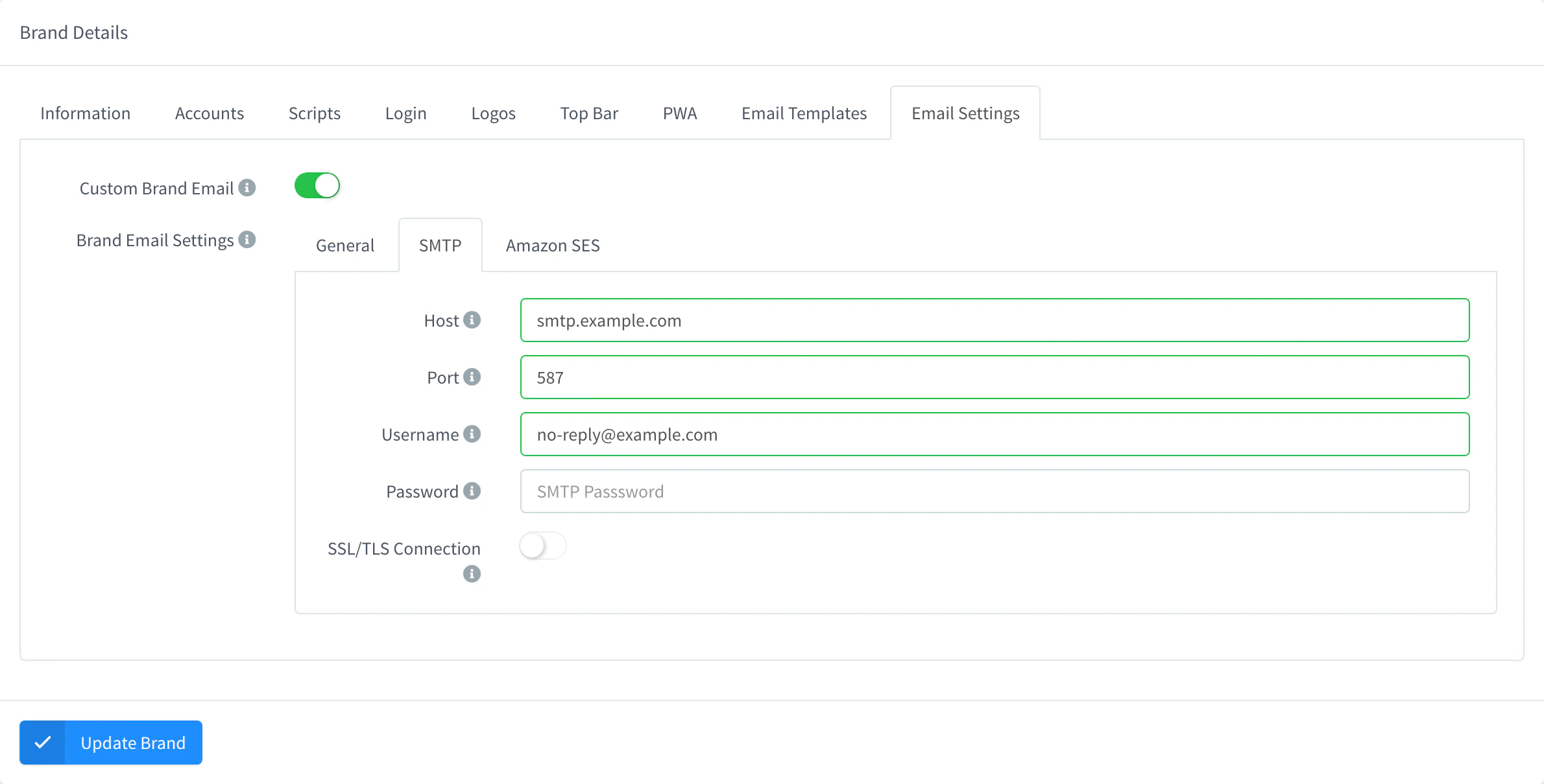 Email Settings tab of the iot.example.com brand with Custom Brand Email on and the SMTP tab of Brand Email Settings with the host smtp.example.com, port 587, a username and an empty password