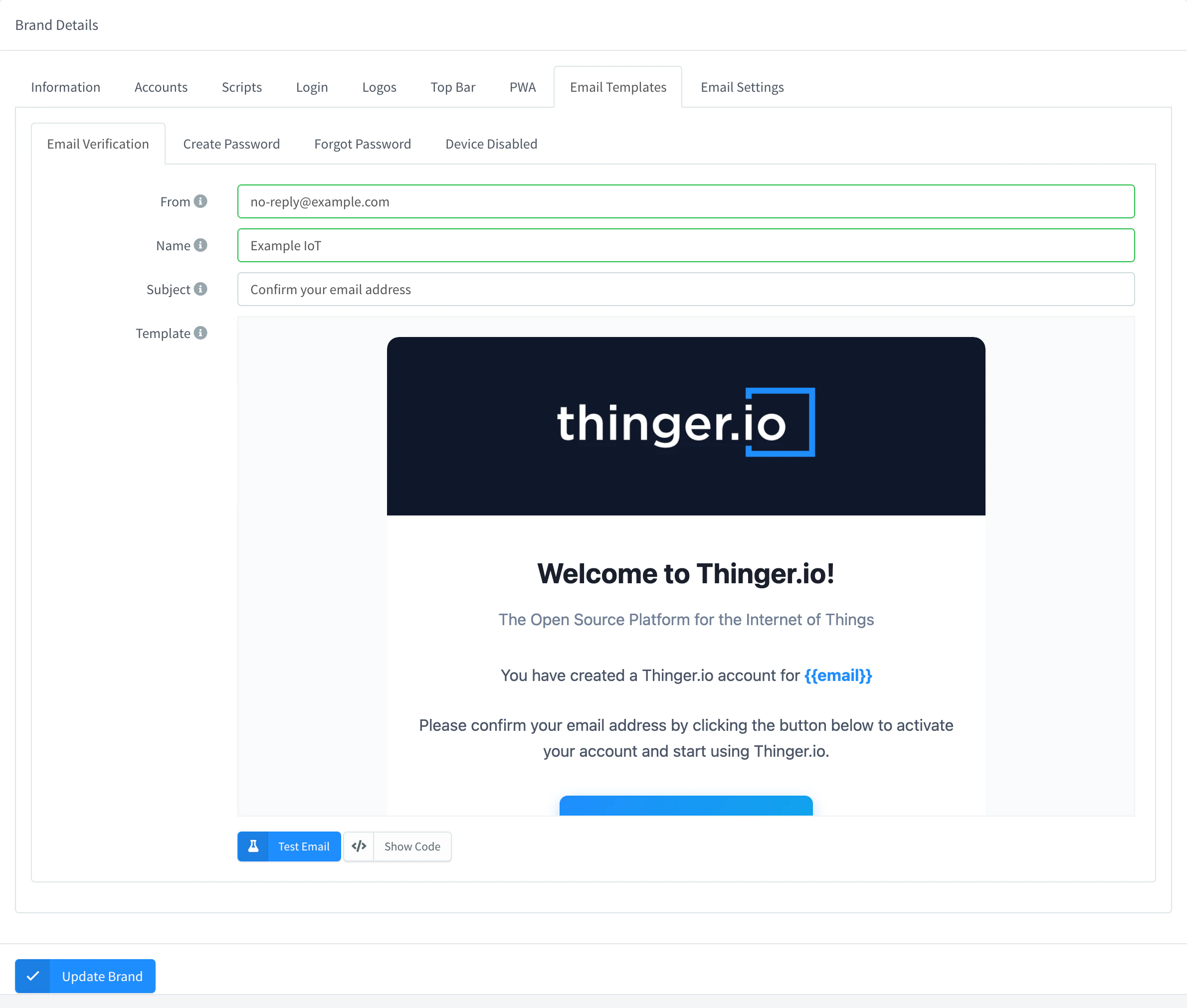 Email Templates tab of the iot.example.com brand on Email Verification, with the sender no-reply@example.com, the name Example IoT, the subject, the preview of the HTML template, and the Test Email and Show Code buttons