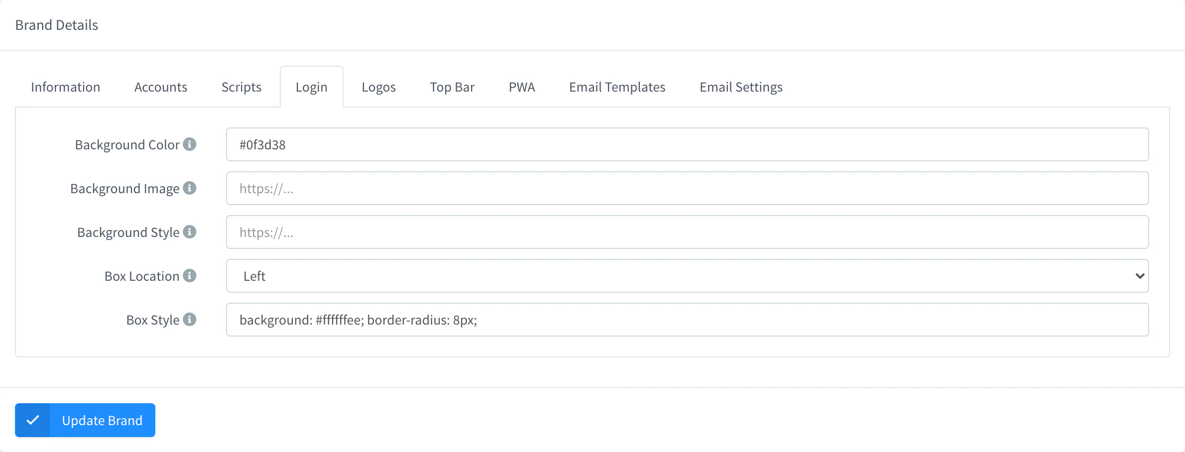 Login tab of the iot.example.com brand with #0f3d38 as Background Color, Left as Box Location and a semi-transparent white Box Style with rounded corners