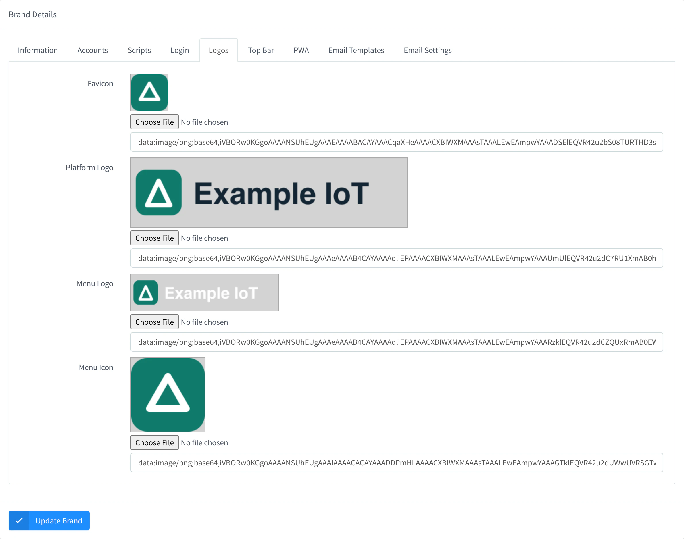 Logos tab of the iot.example.com brand with the Favicon, the Platform Logo, the Menu Logo and the Menu Icon of Example IoT, each with its Choose File button
