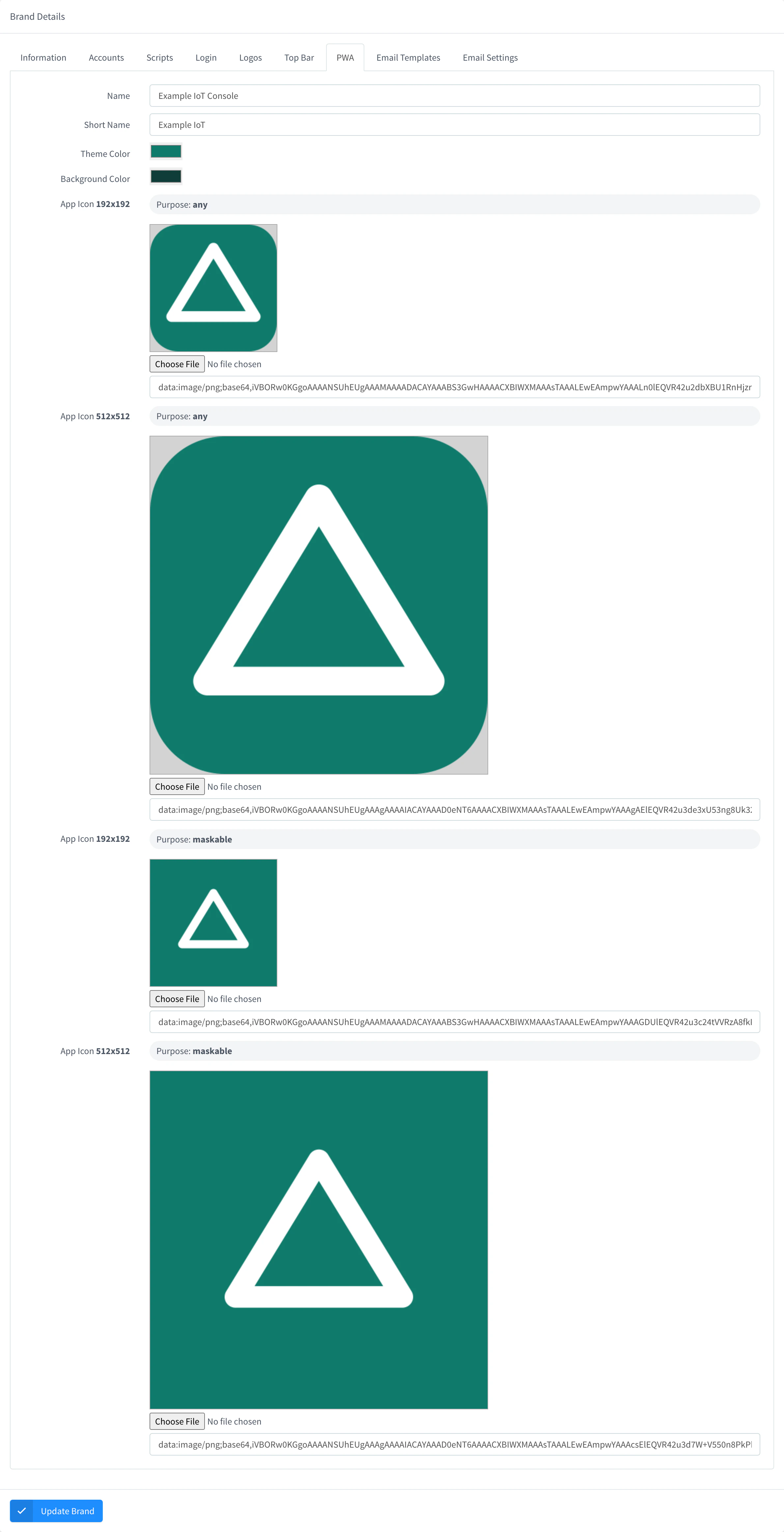 PWA tab of the iot.example.com brand with Example IoT Console as Name, Example IoT as Short Name, the theme and background colors, and the 192 × 192 and 512 × 512 App Icons for the purposes any and maskable