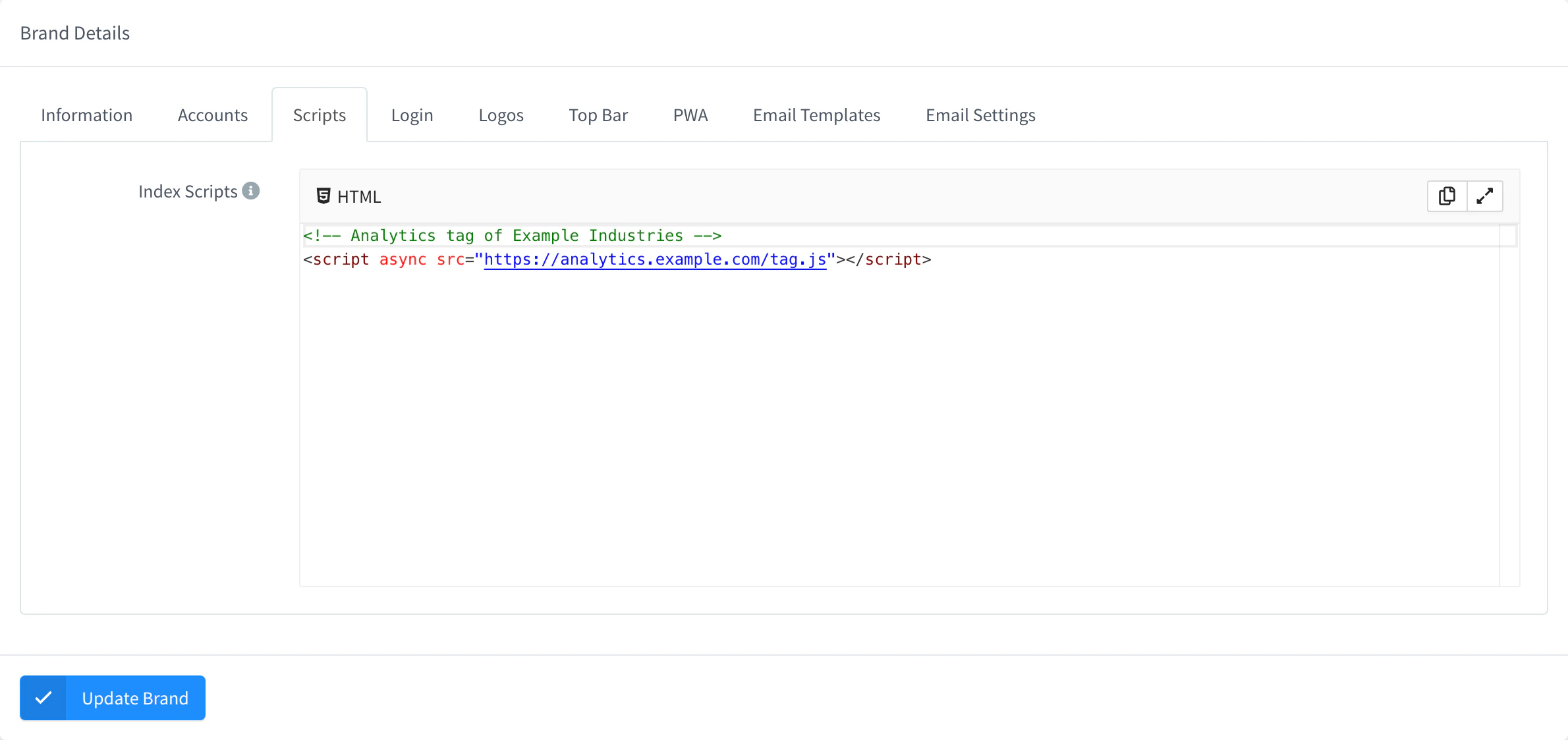 Scripts tab of the iot.example.com brand with an analytics script tag of analytics.example.com in Index Scripts