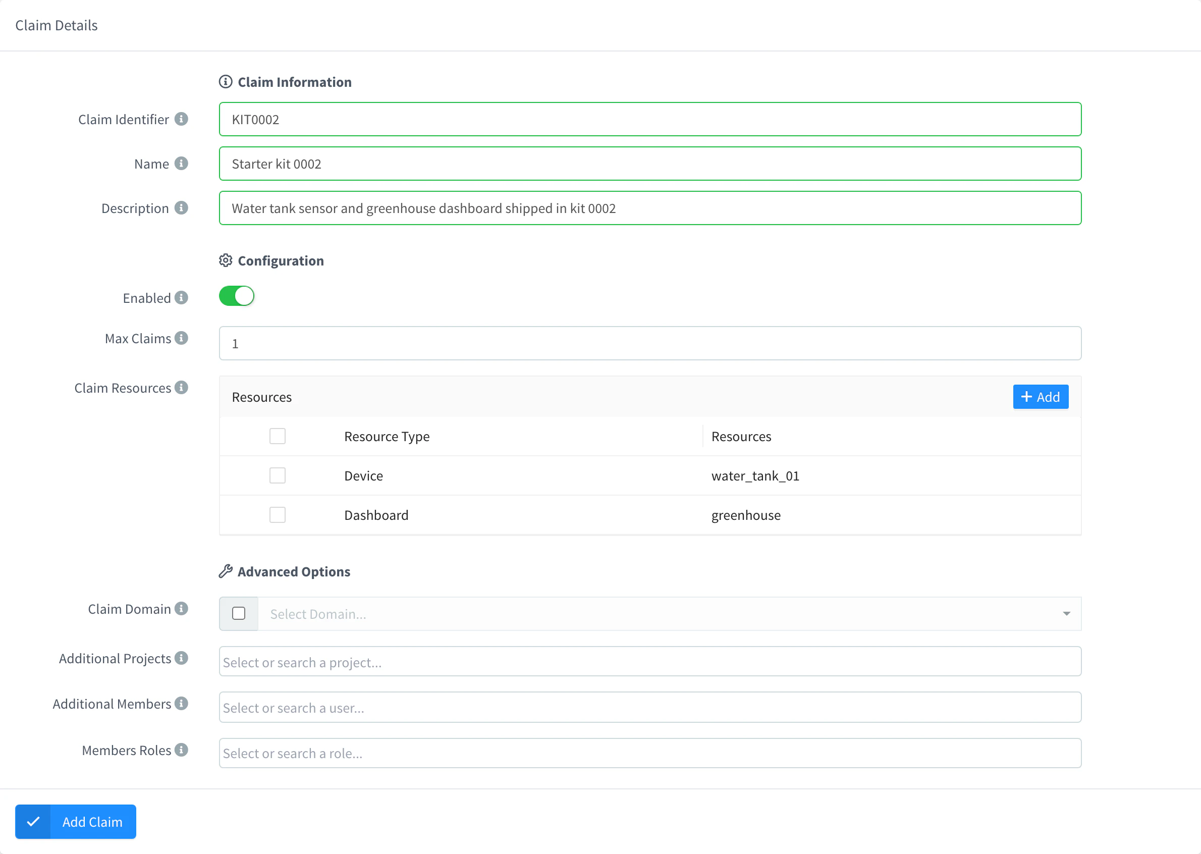 Add Claim form with the claim identifier, the name, a maximum of one claim and two claim resources: a device and a dashboard