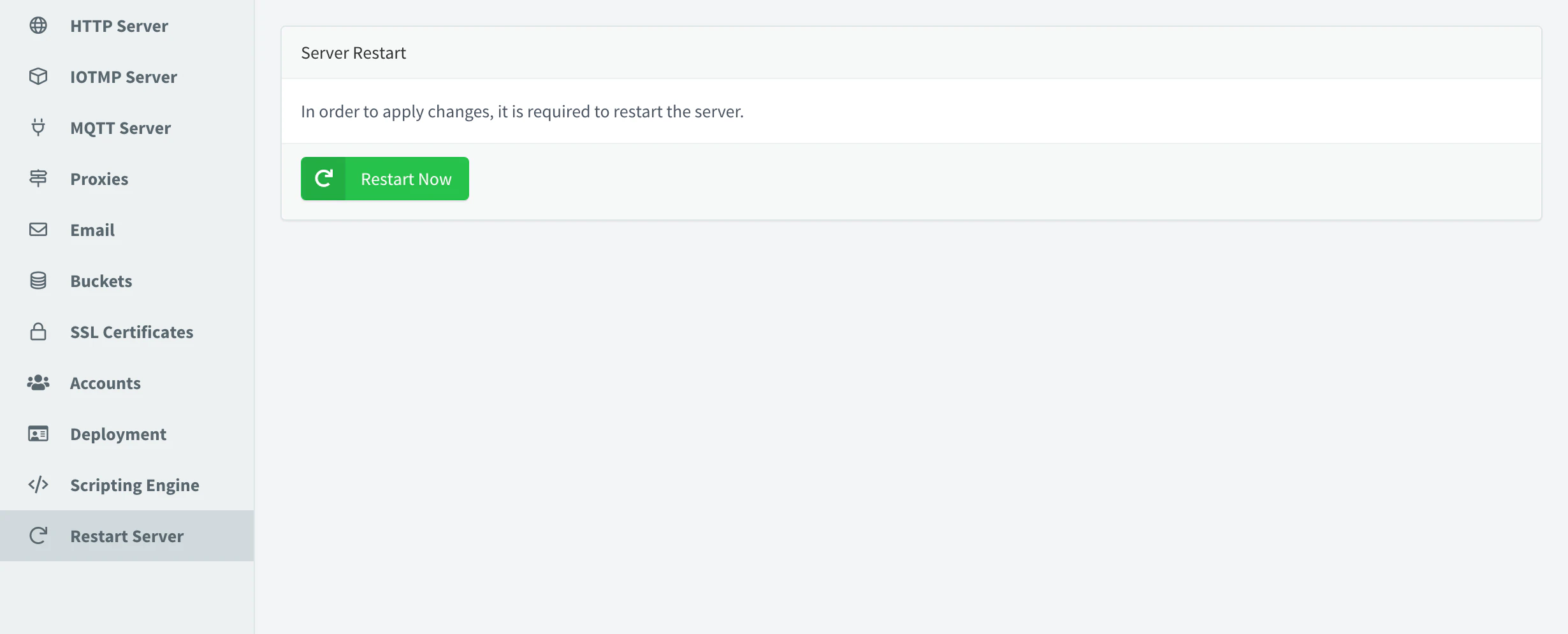 Restart Server section of the host settings with the Restart Now button