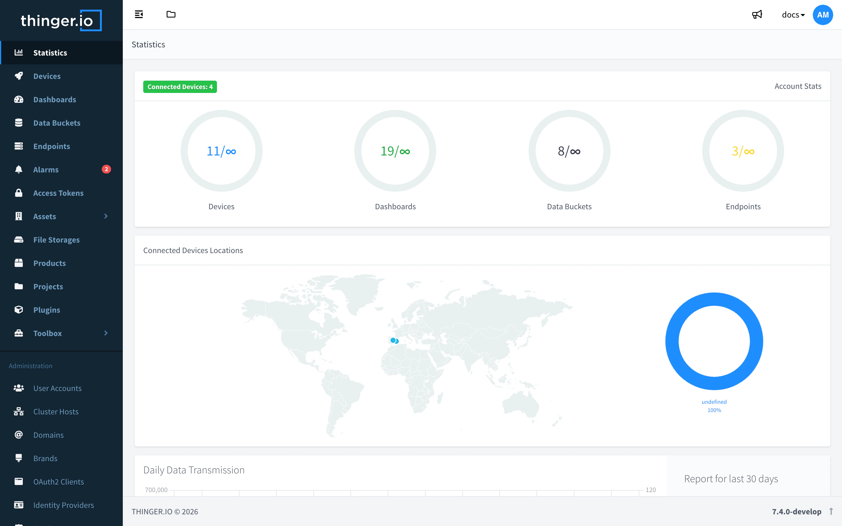 The console with the main menu on the left and the Statistics page open