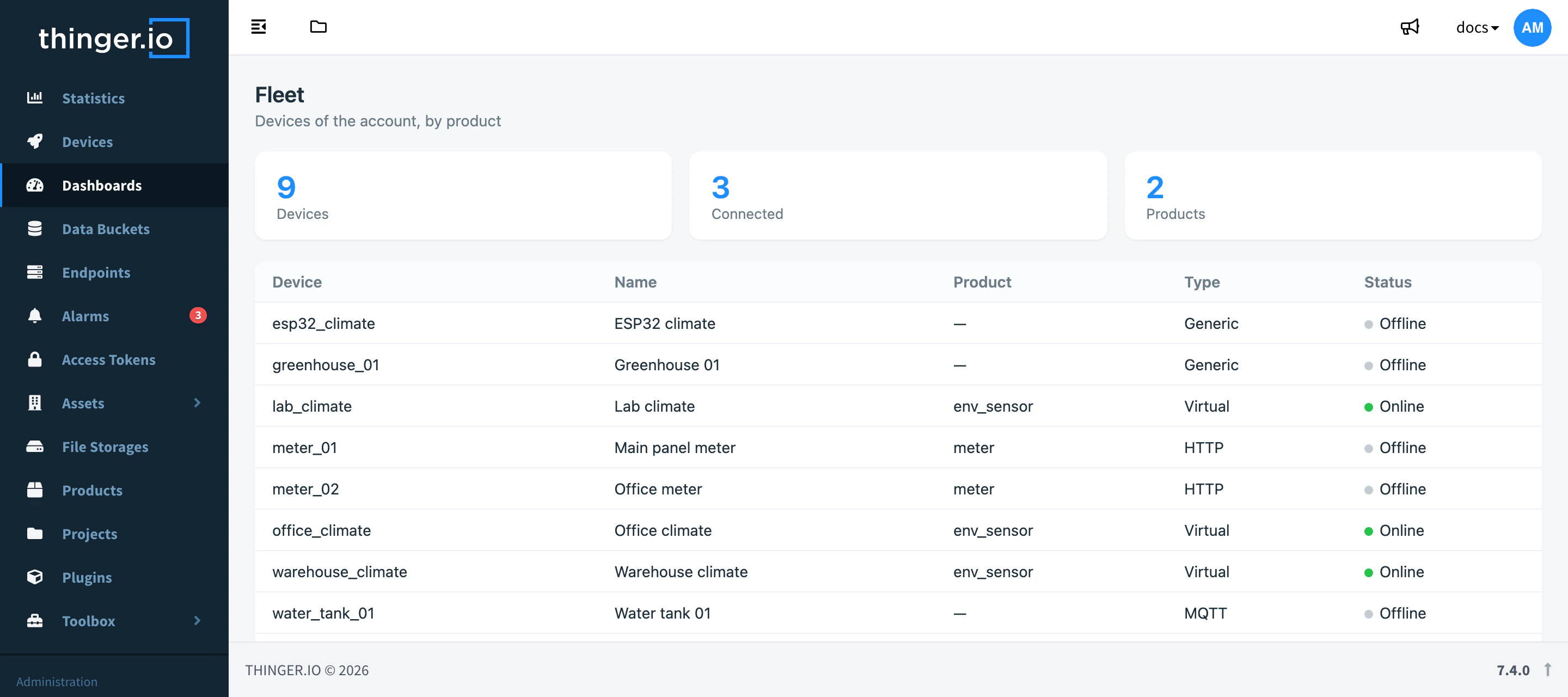 Fleet dashboard app inside the console layout, with device counters and a table of the devices, their product, type and status