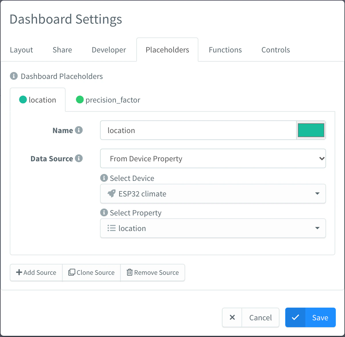 Placeholders tab of Dashboard Settings with a placeholder named location read from the location property of esp32_climate