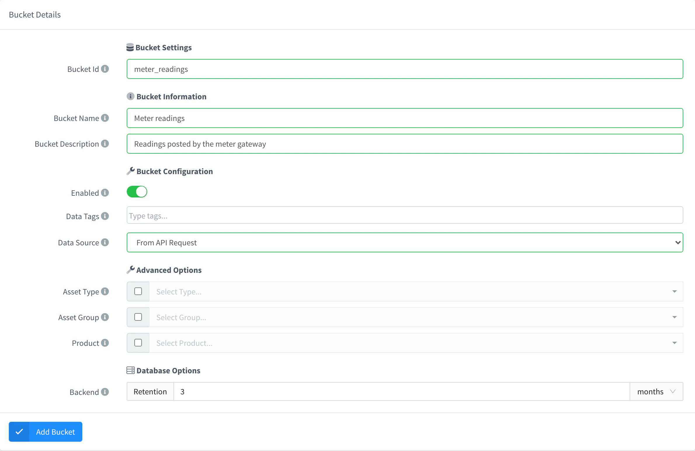 Add Bucket form with the bucket ID, the name and From API Request as data source