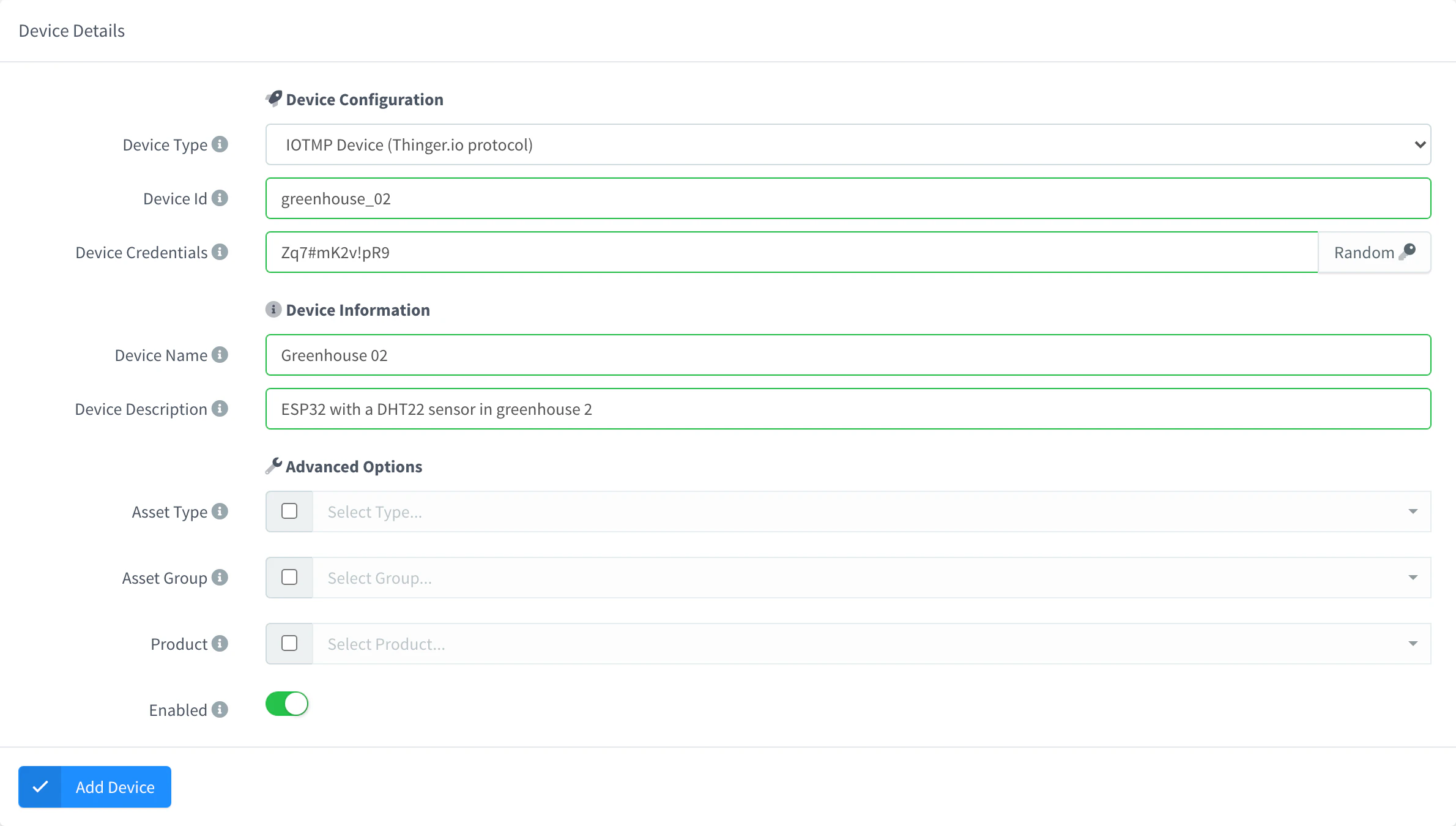Add Device form with the IOTMP device type, a device ID, credentials, name and description