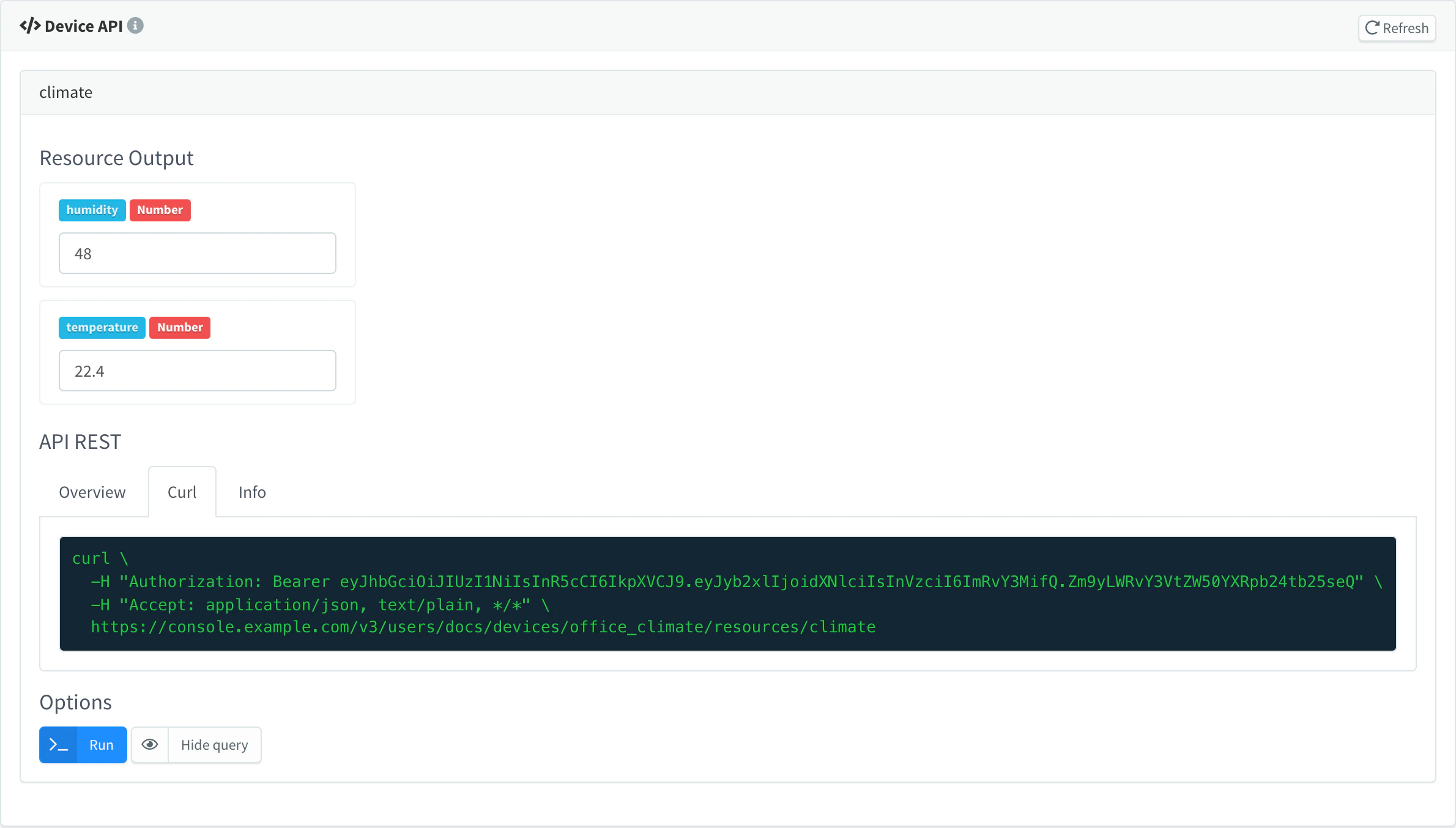 Device API of office_climate with the climate resource expanded, its output and the Curl tab of the query with the request and its Authorization header