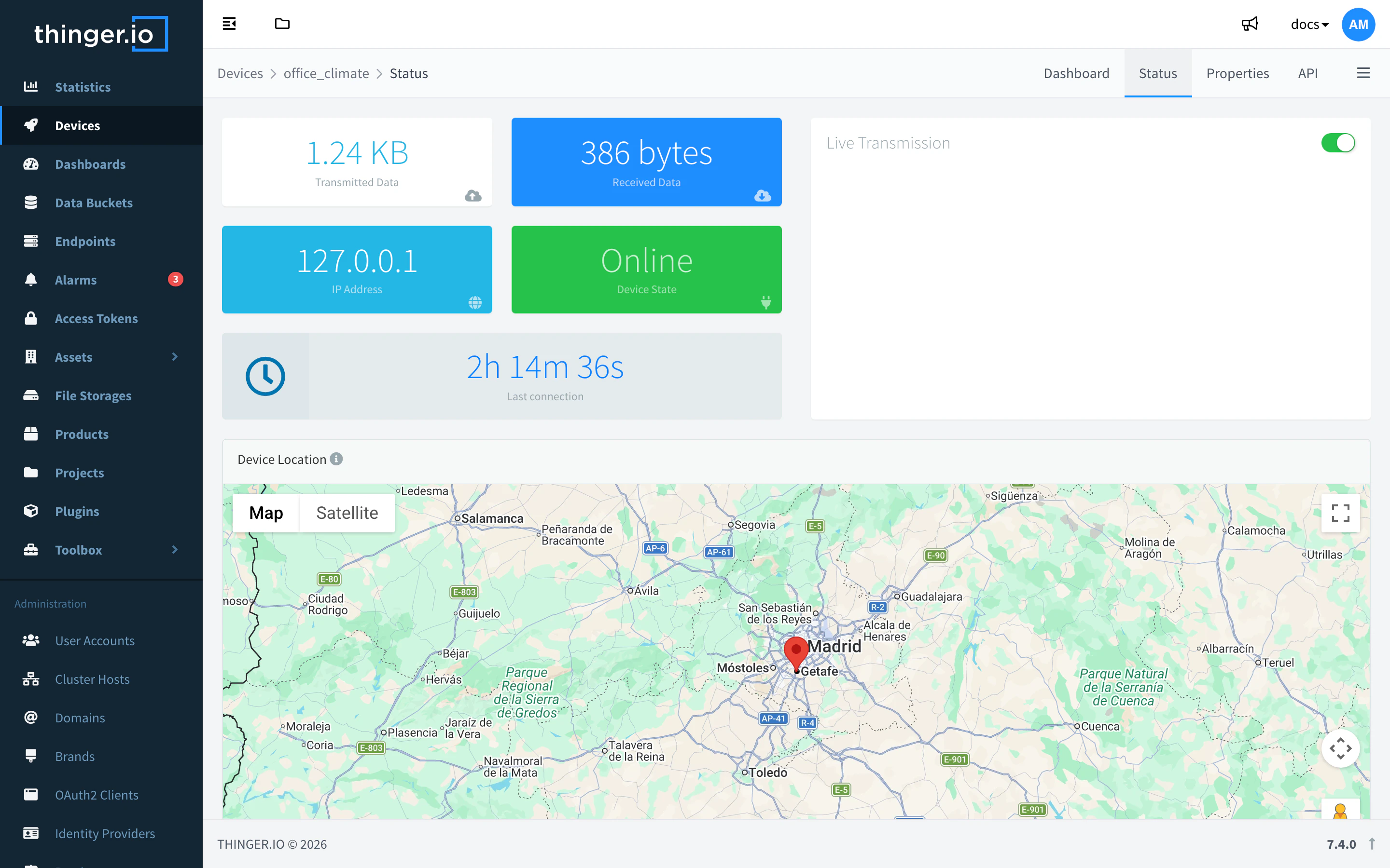 Status page of a connected device with transmitted and received data, IP address, state, connection time and location