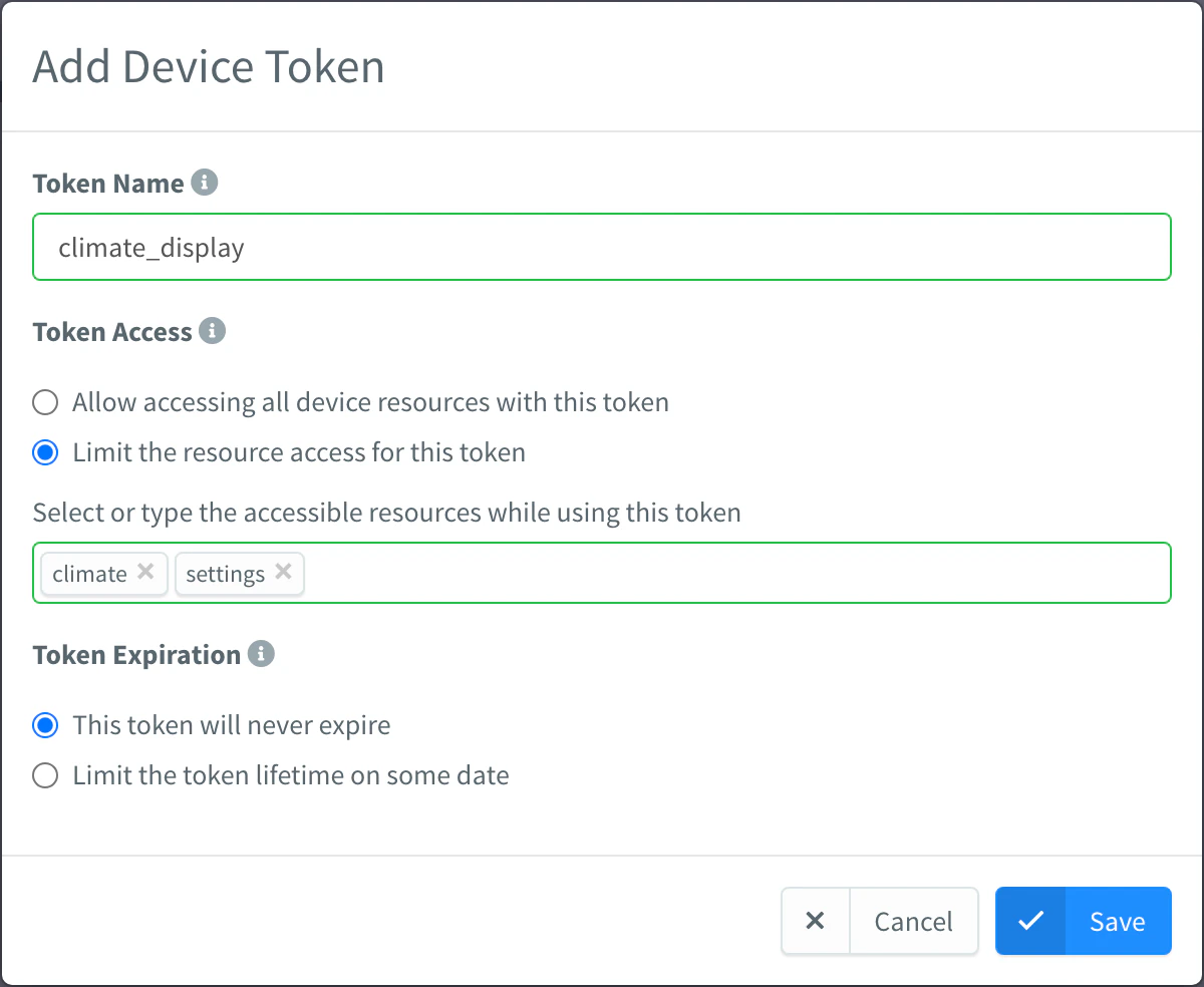 Add Device Token dialog with the token name, Limit the resource access selected with the climate and settings resources, and a token that never expires
