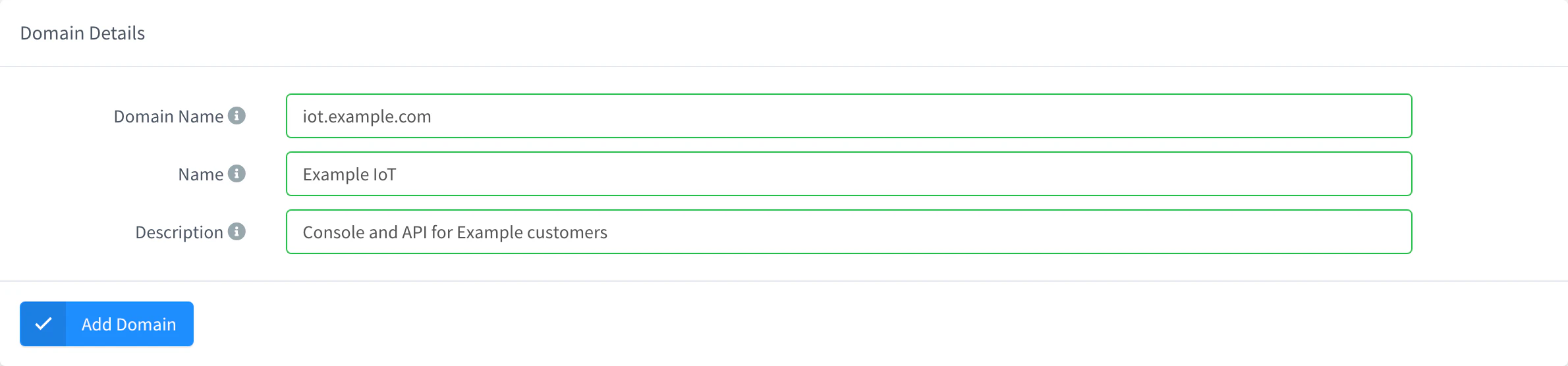 Add Domain form with iot.example.com as Domain Name