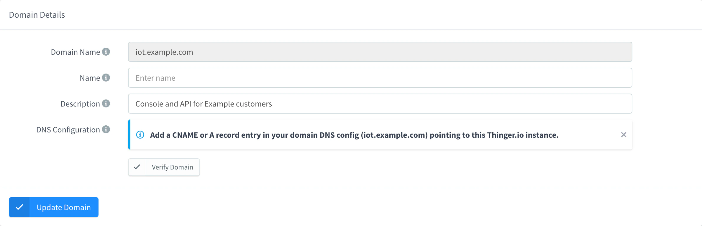 Domain Details of iot.example.com with its description, and in DNS Configuration the notice to add a CNAME or A record pointing to the instance and the Verify Domain button