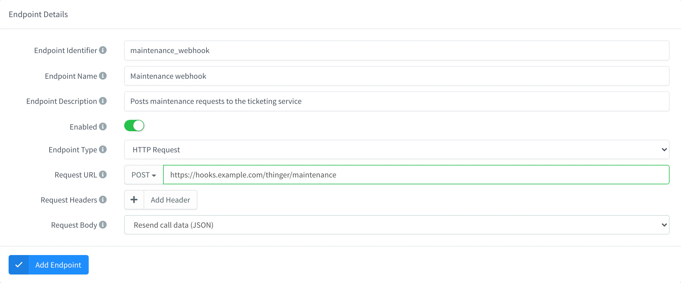 Add Endpoint form with the HTTP Request type, the POST method and a request URL