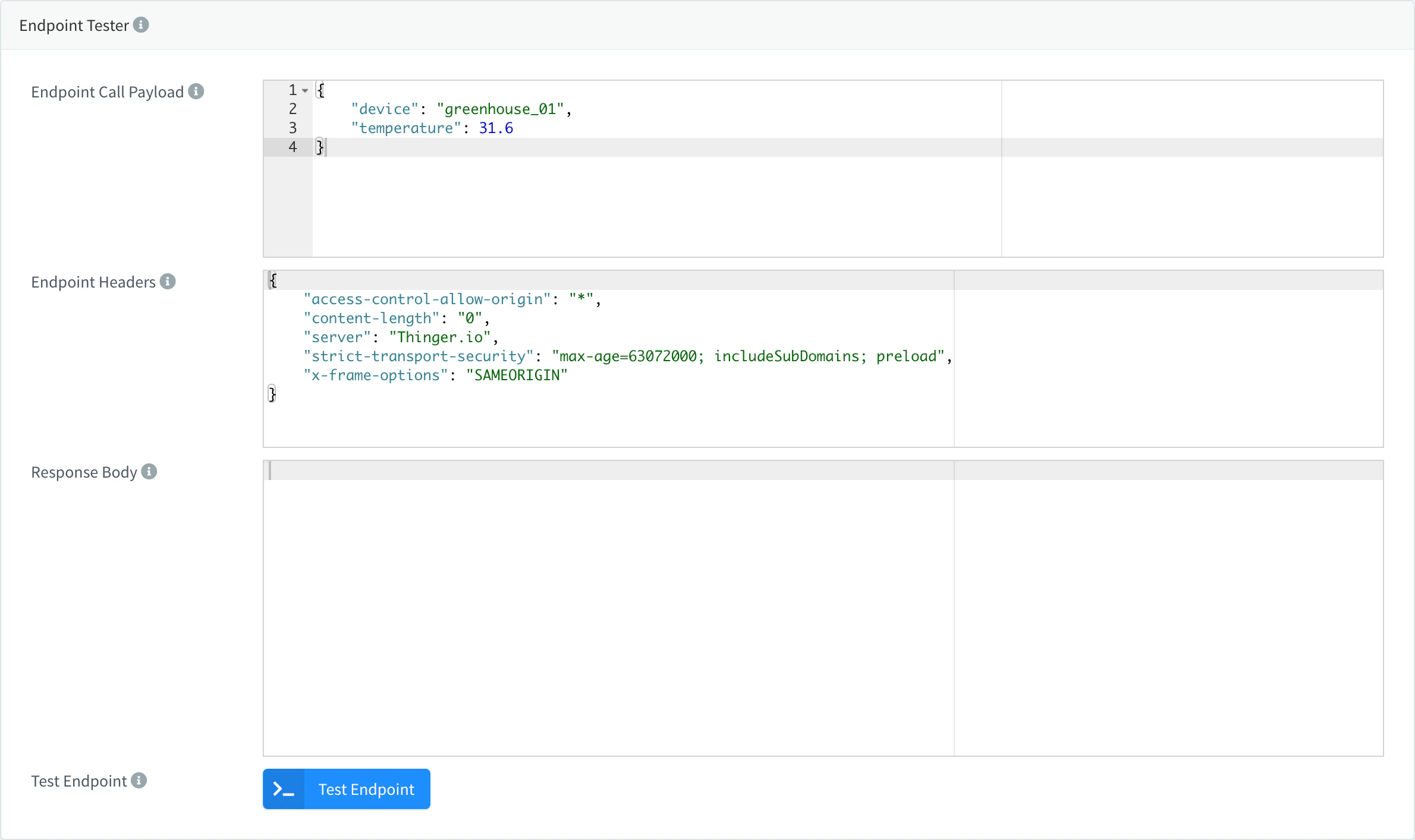 Test tab of the ops_webhook endpoint with a JSON payload and the response headers; the Response Body is empty because the example destination does not answer
