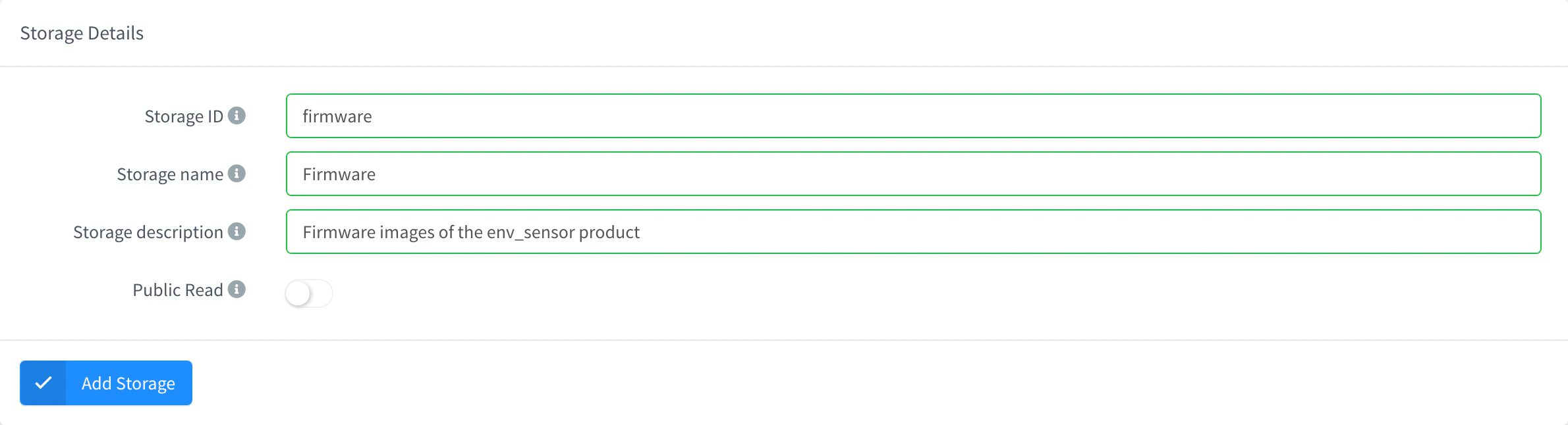 Add Storage form with the storage ID, the name and Public Read turned off