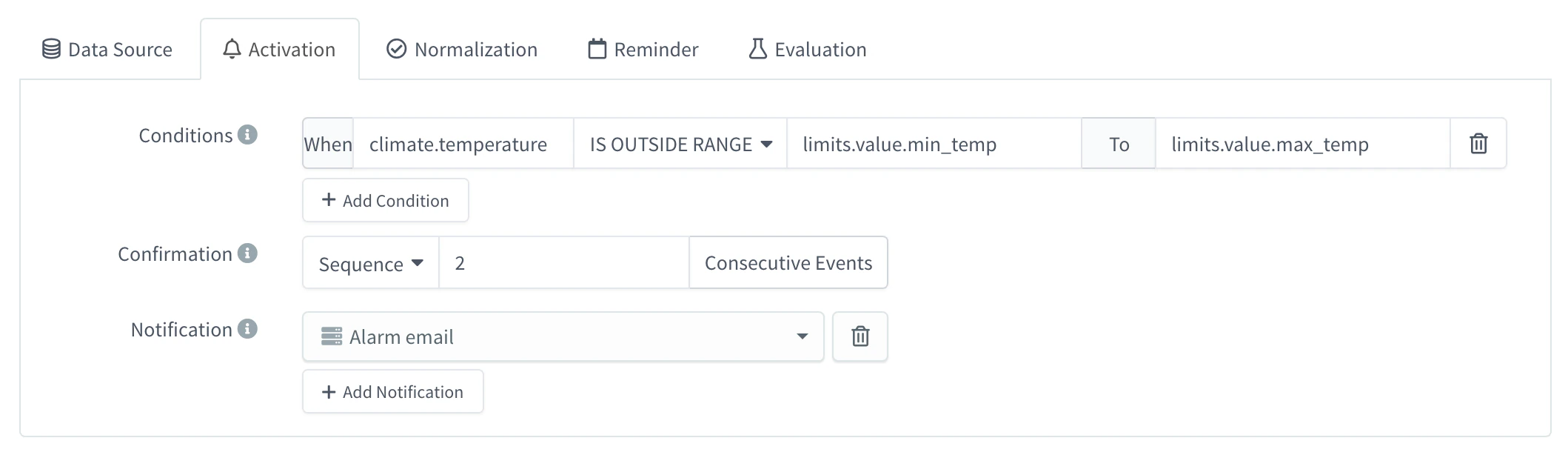 Activation tab of the climate_range alarm rule with the condition climate.temperature IS OUTSIDE RANGE from limits.value.min_temp to limits.value.max_temp, a Sequence confirmation of 2 consecutive events and the Alarm email endpoint as notification