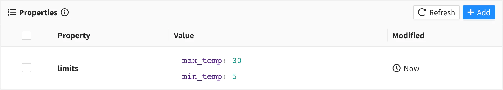 Properties tab of a product with the limits property, whose value has max_temp 30 and min_temp 5