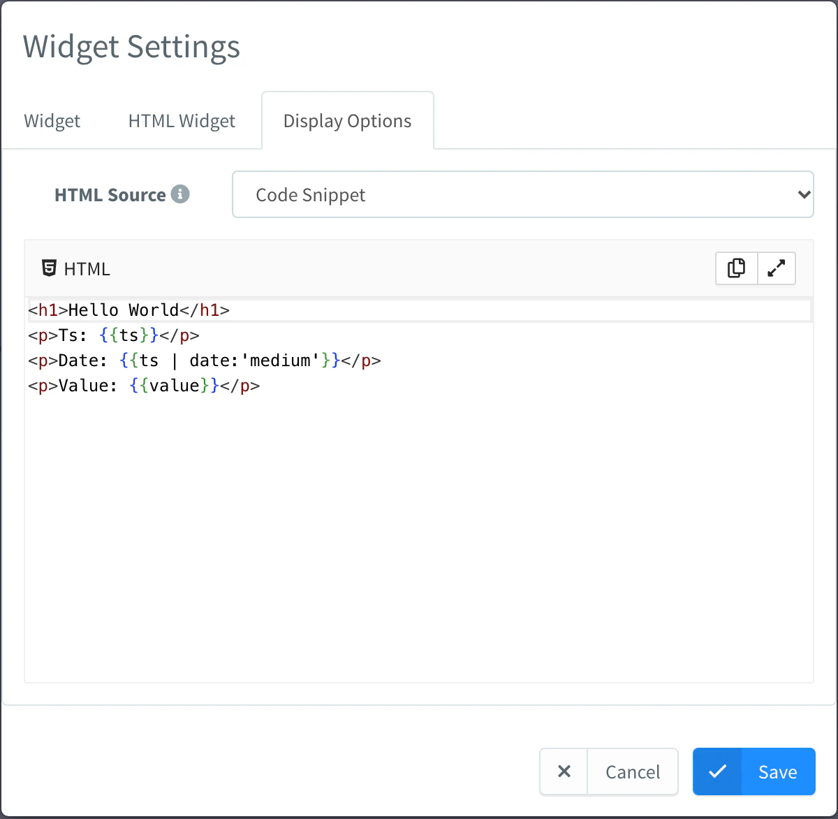 Display Options tab of an HTML Widget with HTML Source set to Code Snippet and the hello world template in the code editor