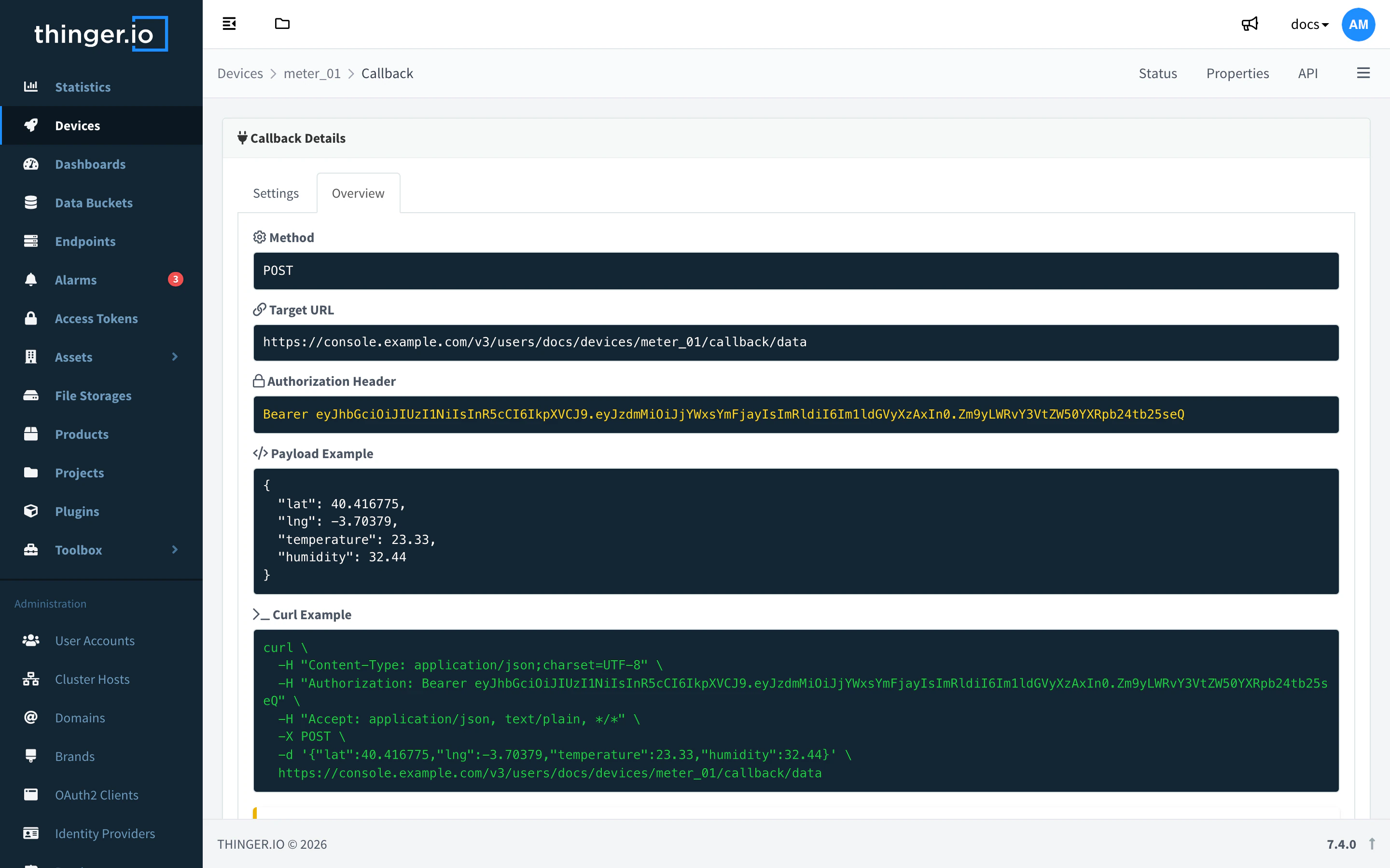 Callback Overview tab of an HTTP device with the target URL, the authorization header and a curl example