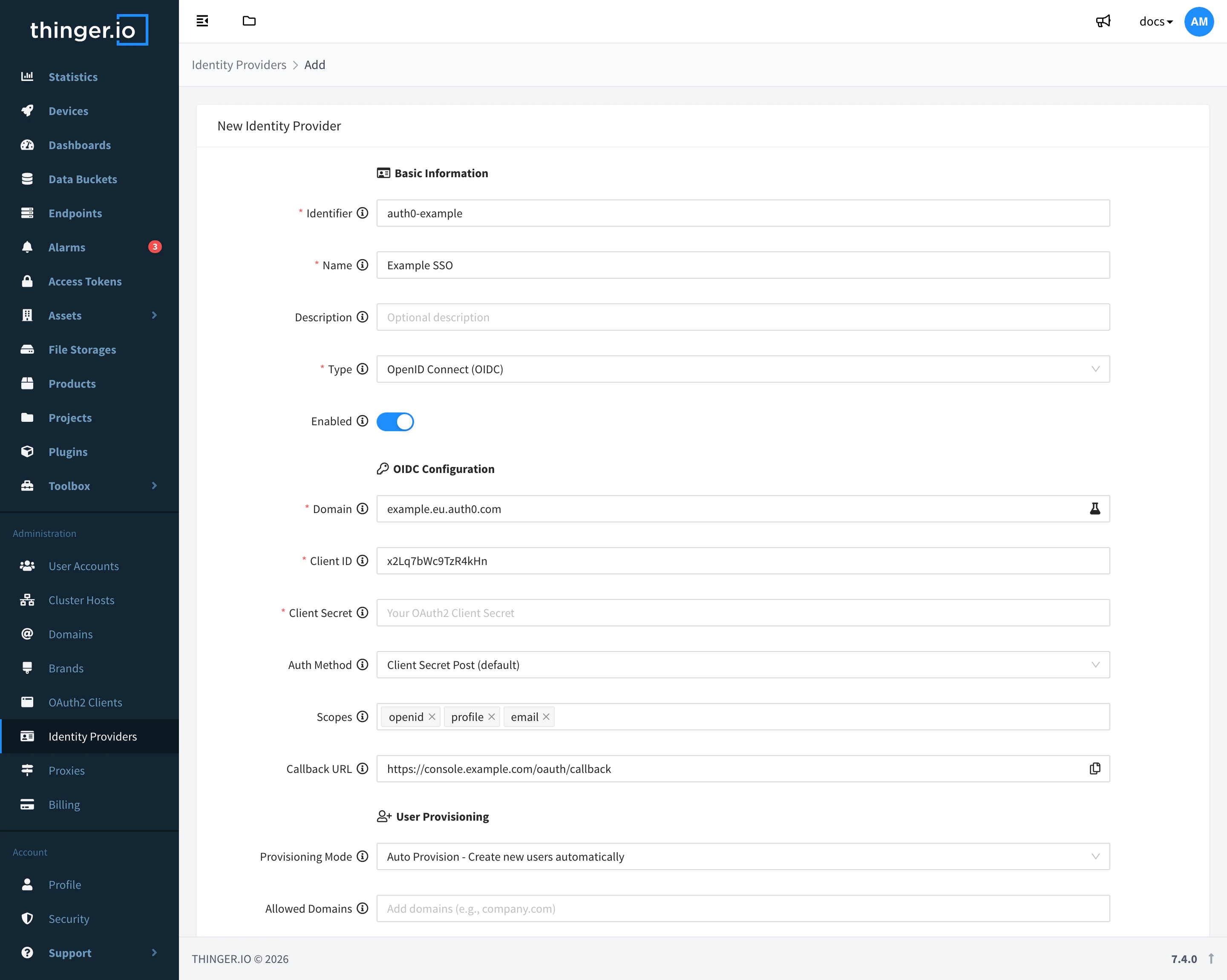 New Identity Provider form with an OIDC domain, client ID and callback URL