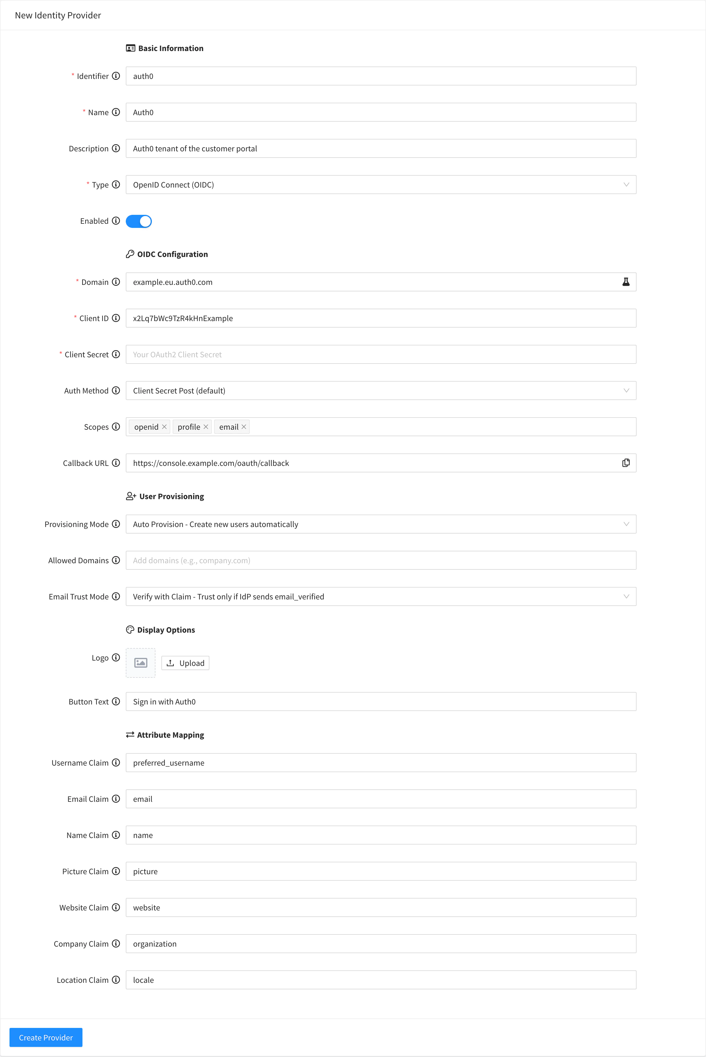 New Identity Provider form for Auth0 with example.eu.auth0.com as Domain, an example client ID, an empty client secret, Client Secret Post, Auto Provision for any email domain, Verify with Claim and the button text Sign in with Auth0