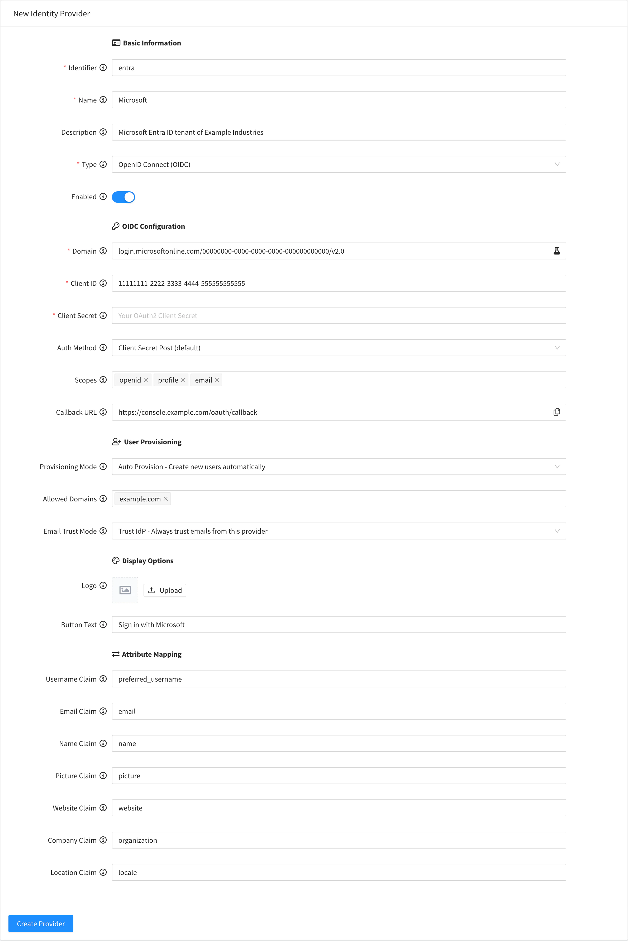 New Identity Provider form for Microsoft Entra ID with login.microsoftonline.com and an example tenant ID as Domain, an example application ID, an empty client secret, Client Secret Post, Auto Provision for example.com, Trust IdP and the button text Sign in with Microsoft
