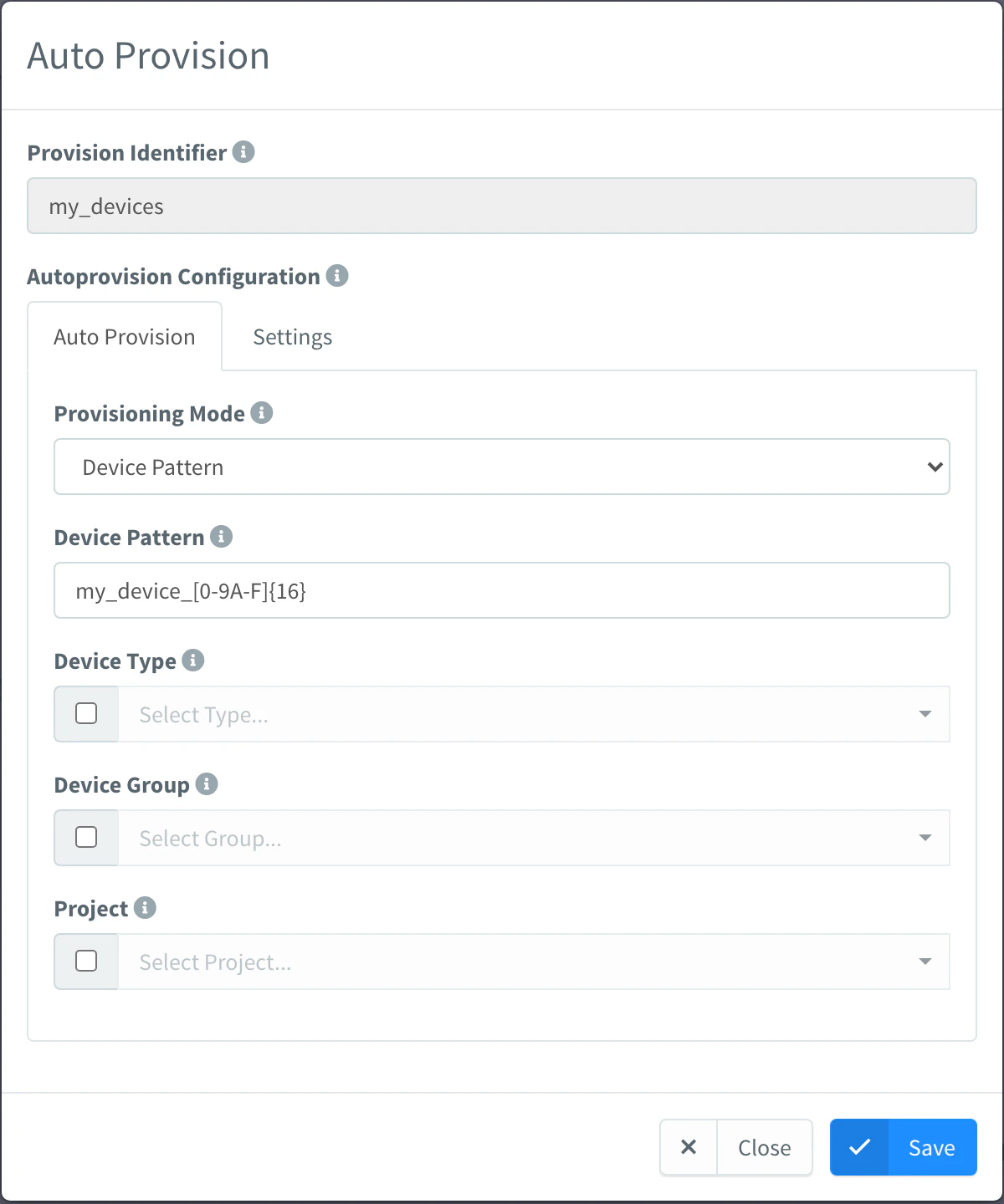 Auto Provision modal of the LoRaWAN Device Template product with the device pattern my_device_[0-9A-F]{16}