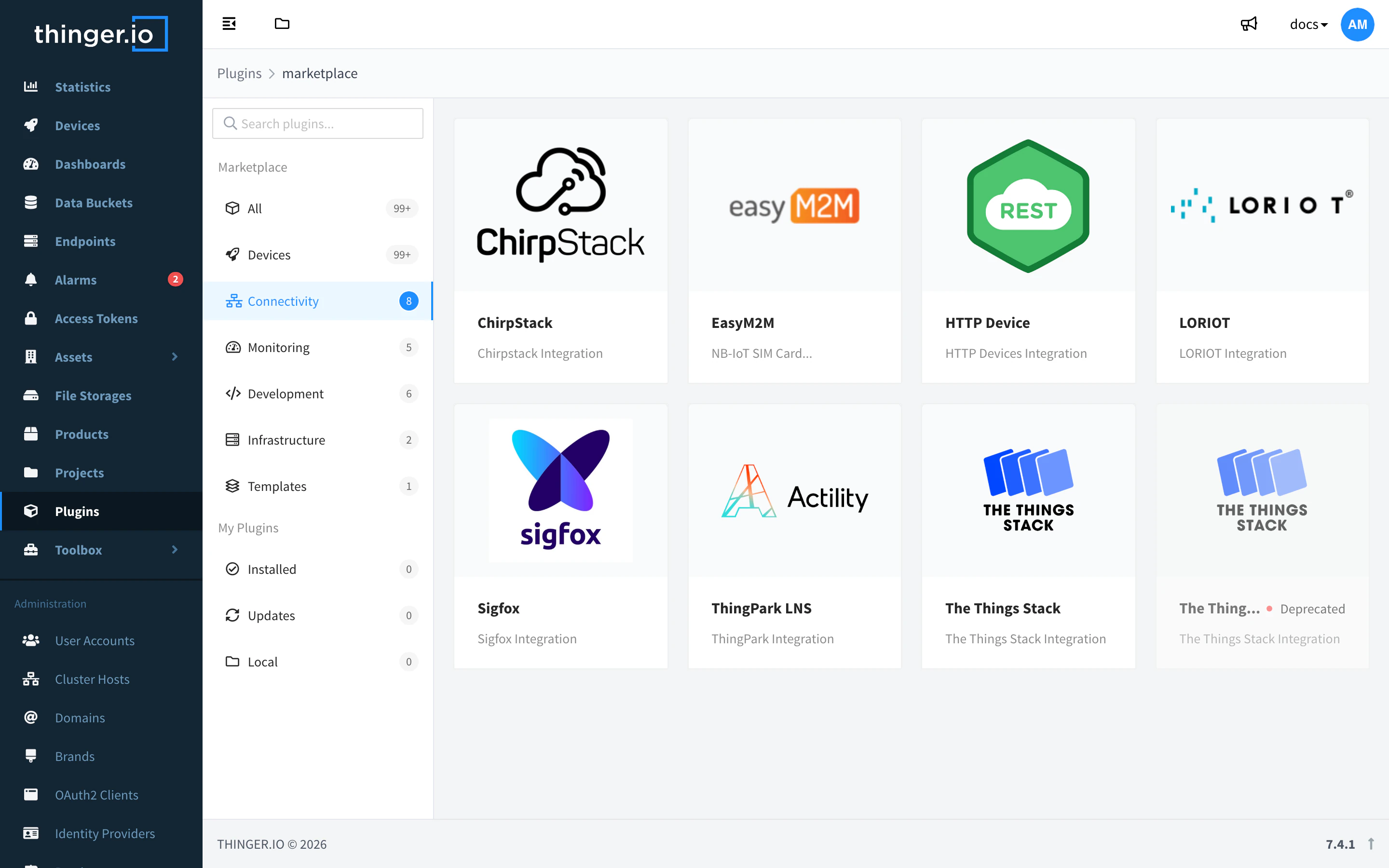 Plugin Marketplace with the Connectivity category selected: ChirpStack, EasyM2M, HTTP Device, LORIOT, Sigfox, ThingPark LNS, The Things Stack and the deprecated The Things Stack plugin
