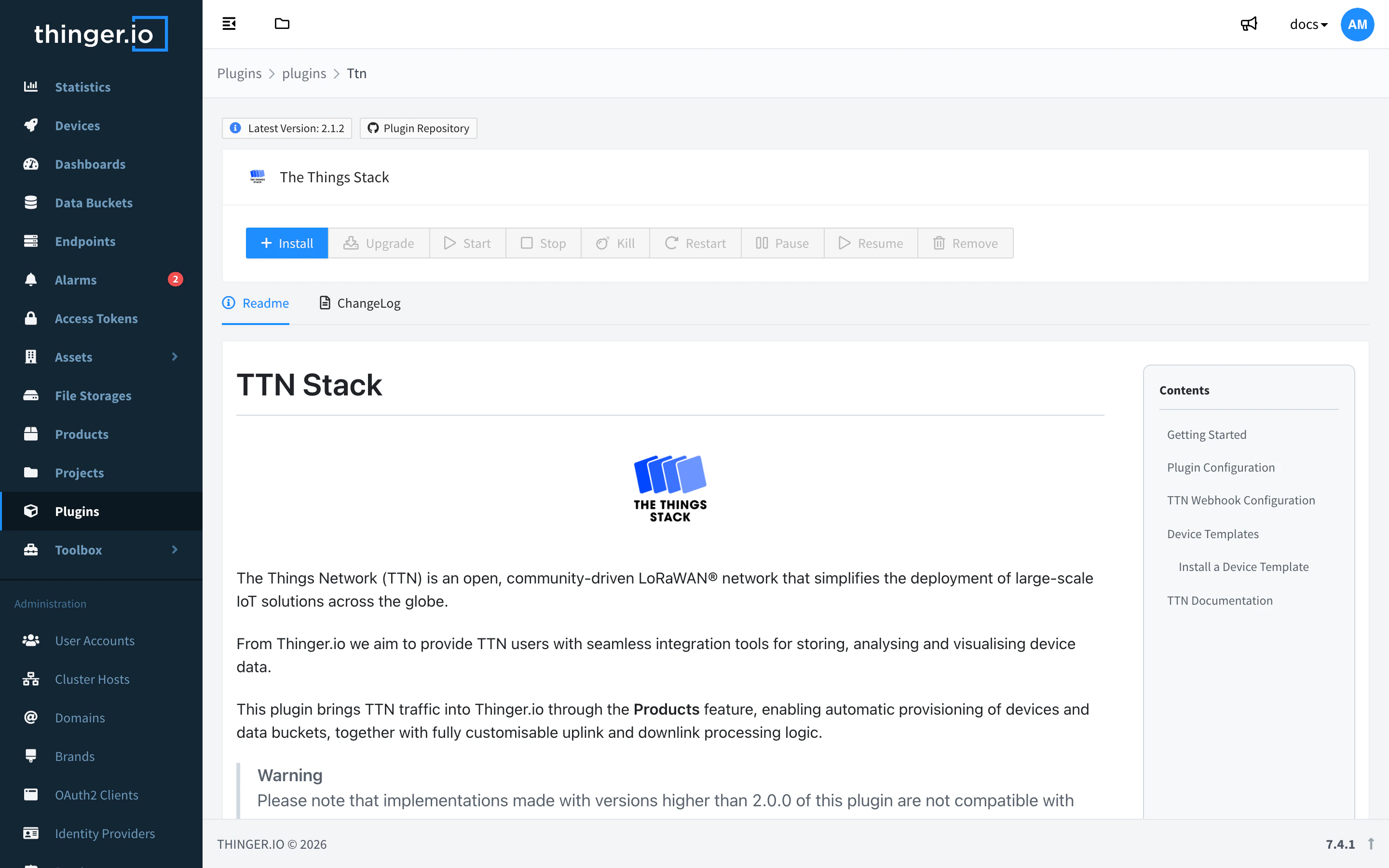 Page of The Things Stack plugin in the catalog, with its latest version, the Install button and its Readme