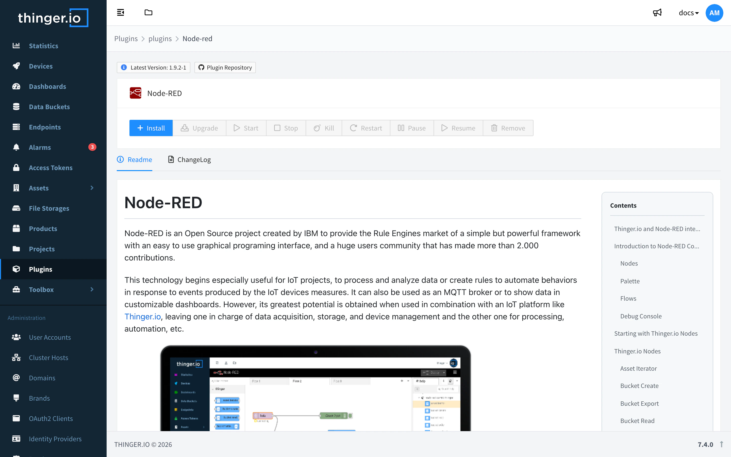 Plugin page of Node-RED, not installed yet: Install enabled and the Upgrade, Start, Stop, Kill, Restart, Pause, Resume and Remove buttons disabled, and the Readme tab