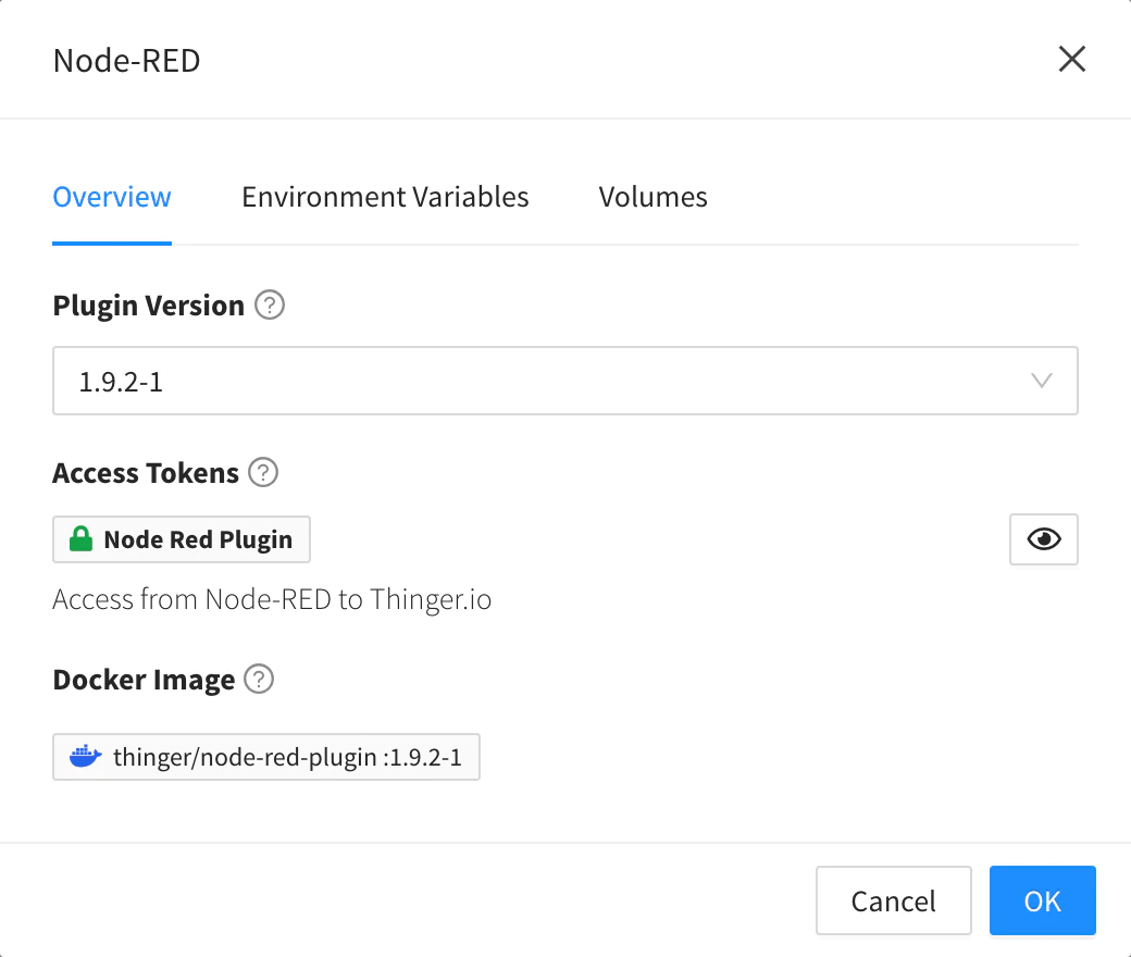 Install dialog of the Node-RED plugin with the plugin version, its access token and its Docker image