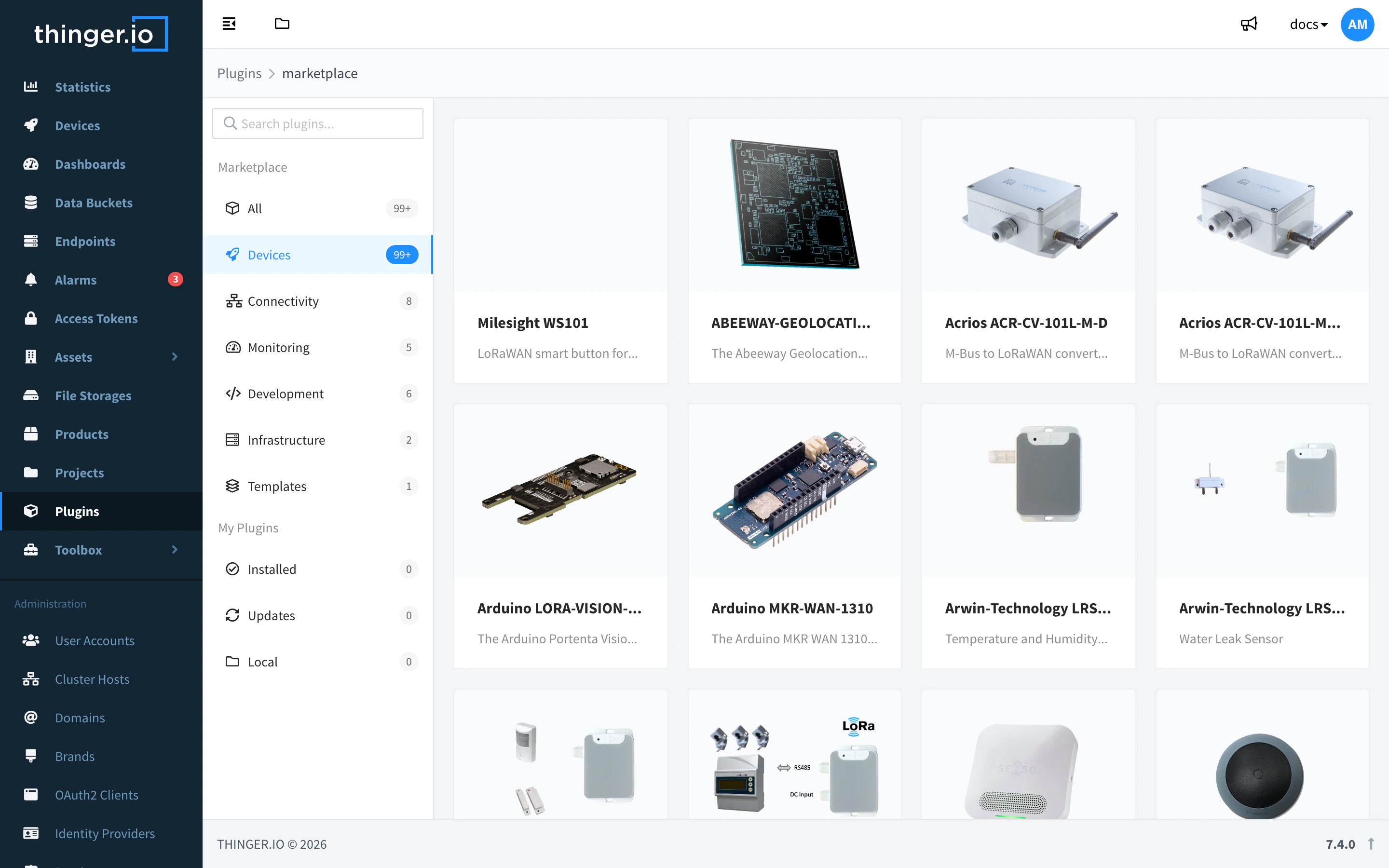 Plugin Marketplace with the Devices category selected and the device plugins of the catalog