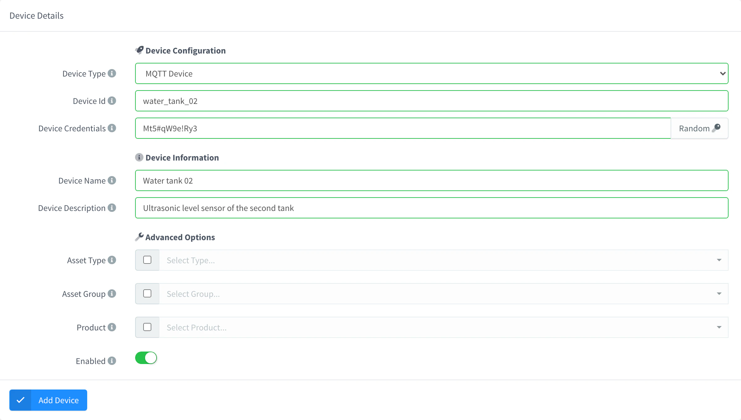 Add Device form with MQTT Device selected, a device ID and credentials