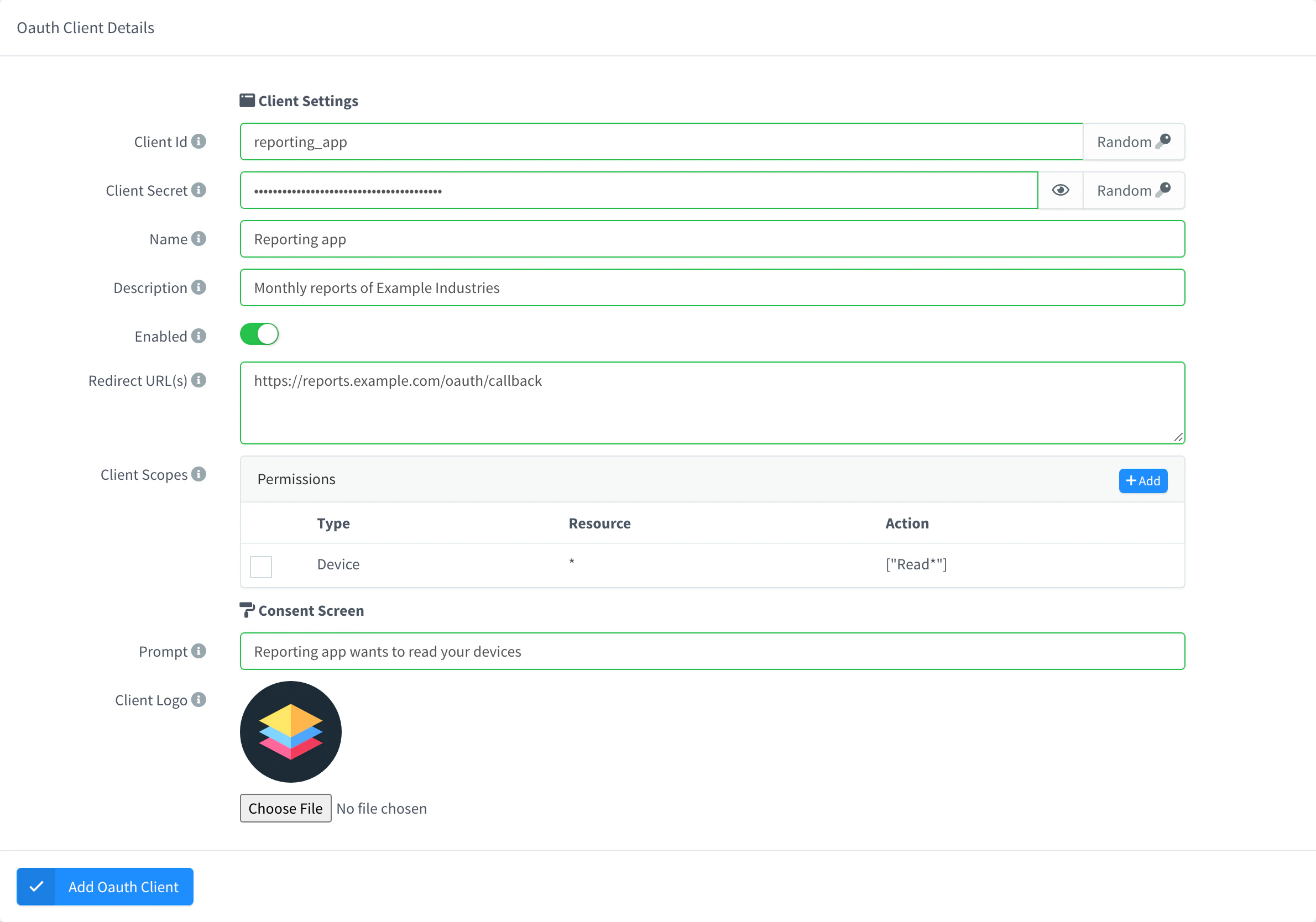 Add OAuth2 Client form with client id, name, a redirect URL and a device read scope
