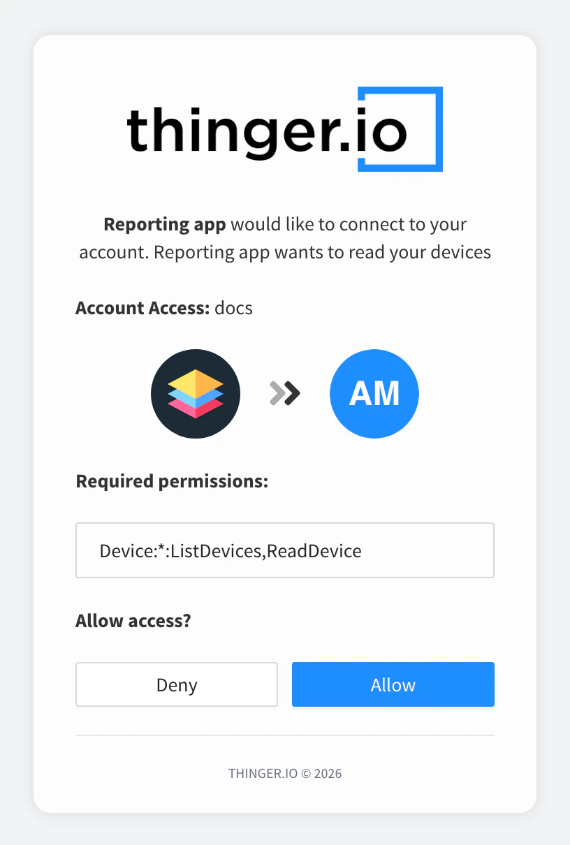 Consent screen of Reporting app: the prompt, the account docs, the client logo next to the user avatar, the required permissions Device:*:ListDevices,ReadDevice and the Deny and Allow buttons