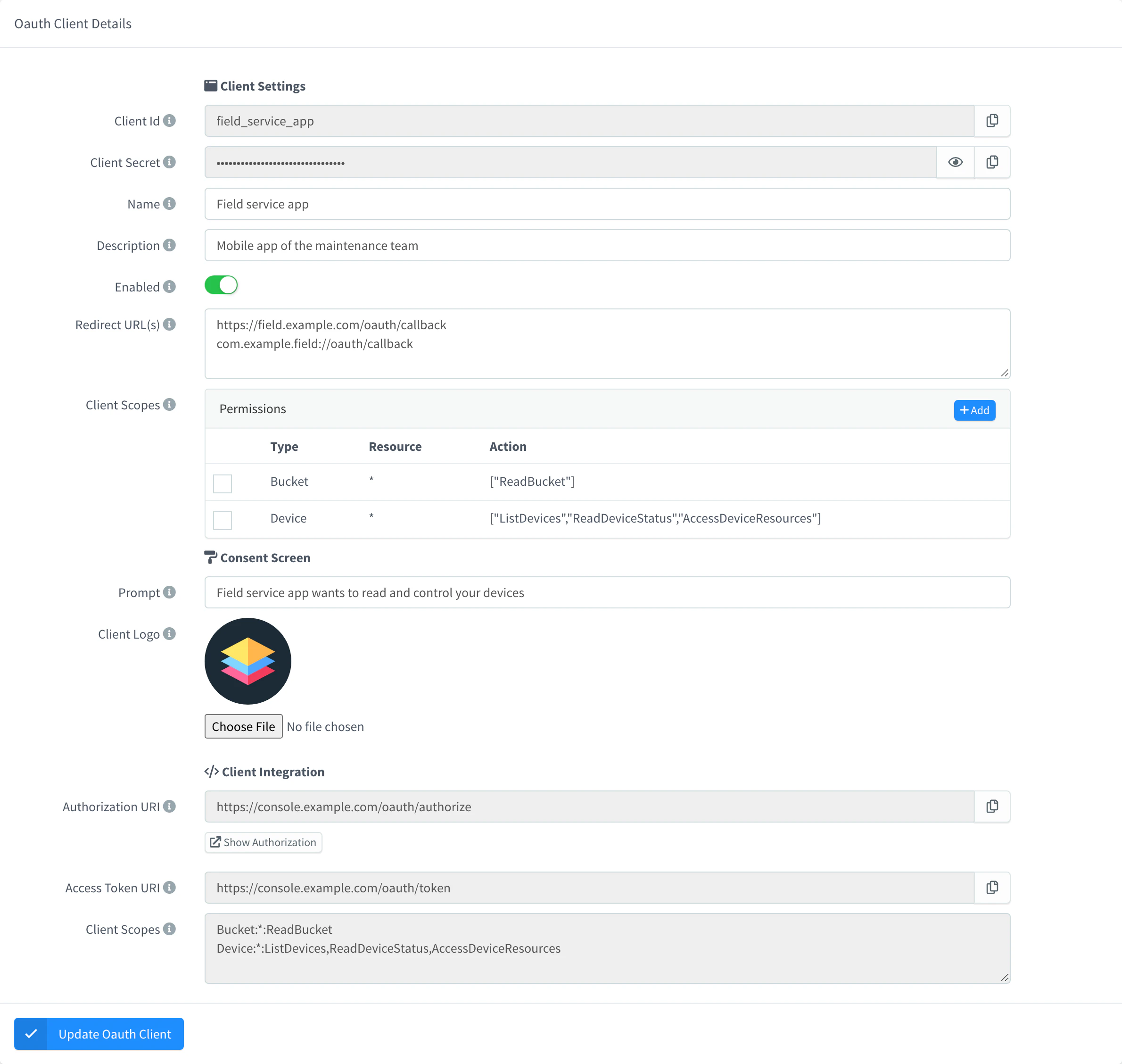 Details of the field_service_app client: Client Id, hidden Client Secret, name, description, Enabled, two redirect URLs, two scopes for devices and buckets, the consent prompt and logo, and in Client Integration the Authorization URI, the Access Token URI and the client scopes