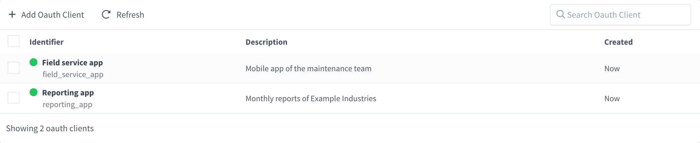 OAuth2 Clients list with field_service_app and reporting_app, their names and descriptions