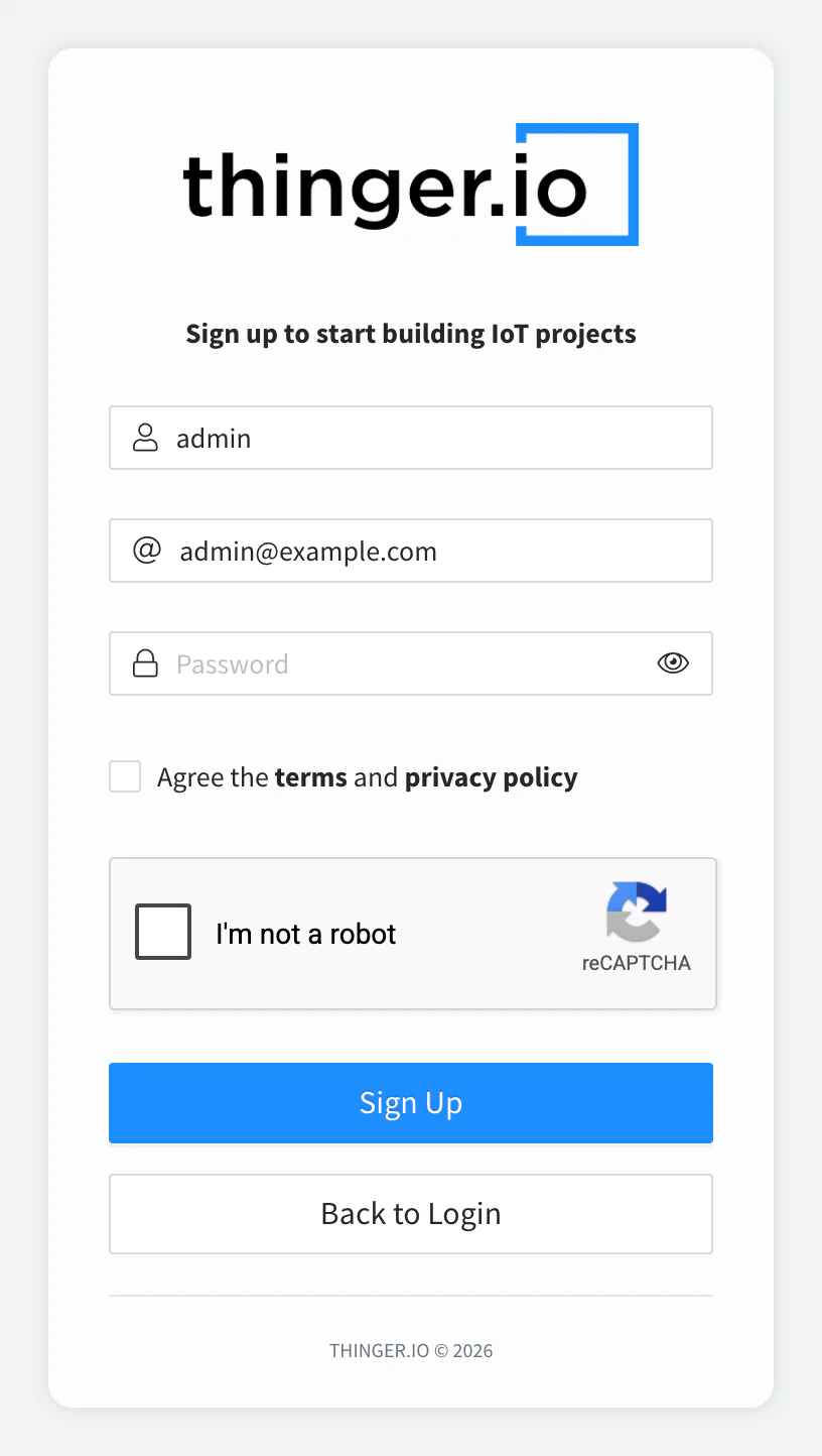 Sign-up form with the username admin and the administrator email admin@example.com