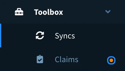 Toolbox menu open with Syncs and Claims, and the orange dot next to Claims, highlighted, because the plan allows 0 claims
