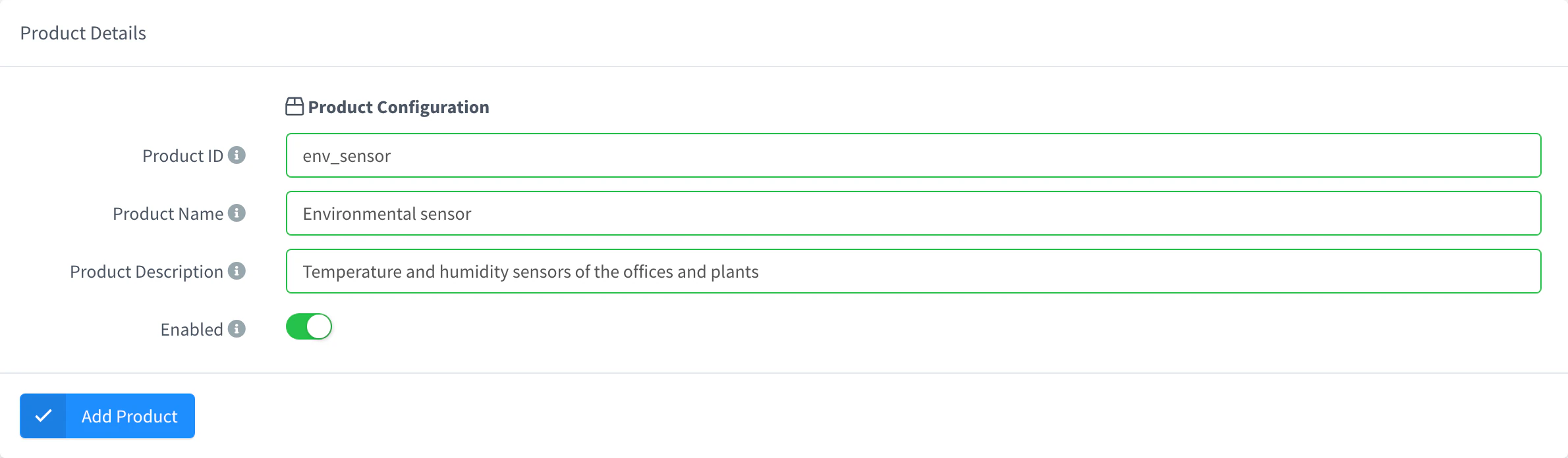 Add Product form with the product ID, name and description filled in