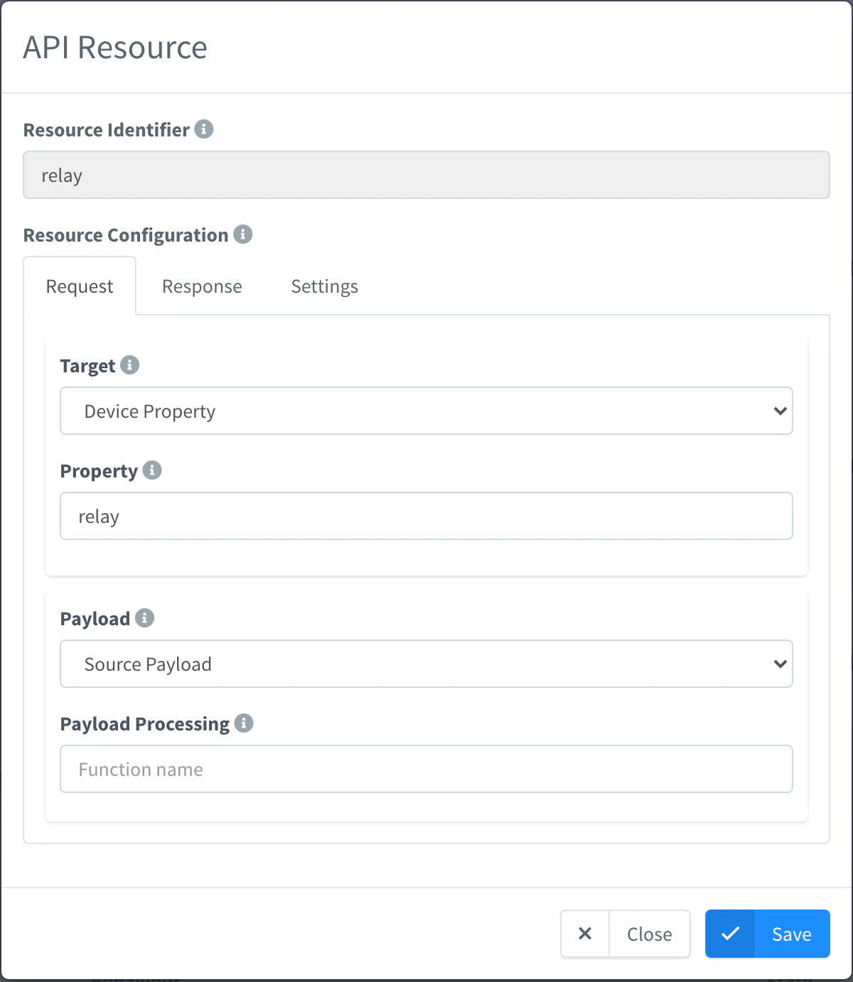 API Resource modal of the meter product with a Device Property request target that writes the relay property